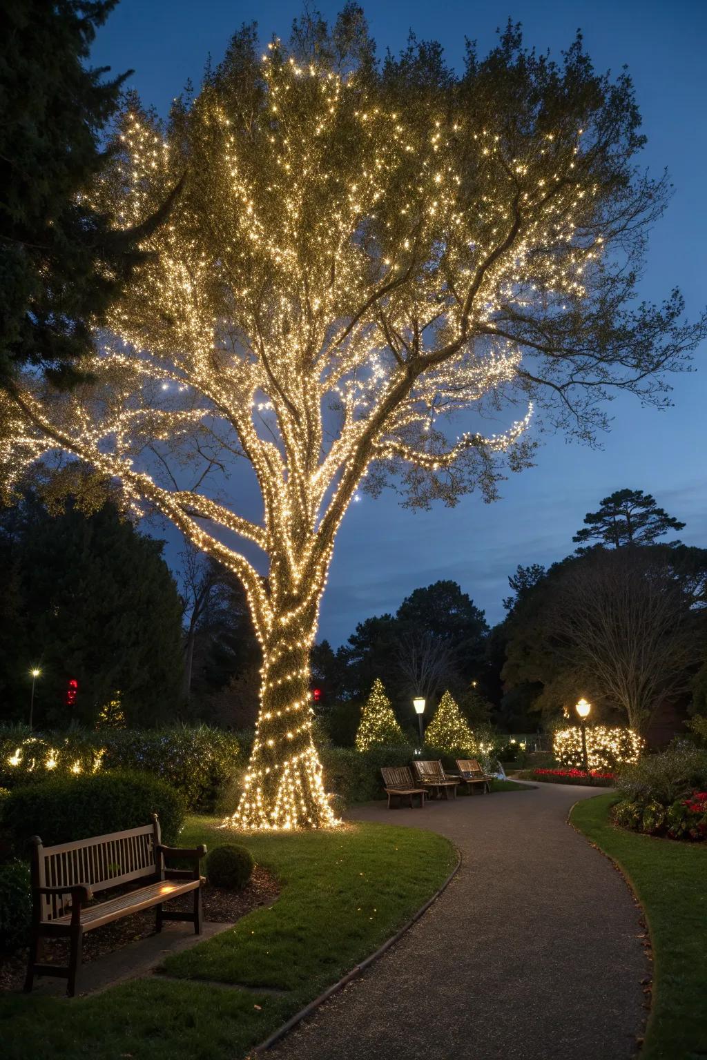 A towering tree encircled by shimmering lights, yielding a magical atmosphere.