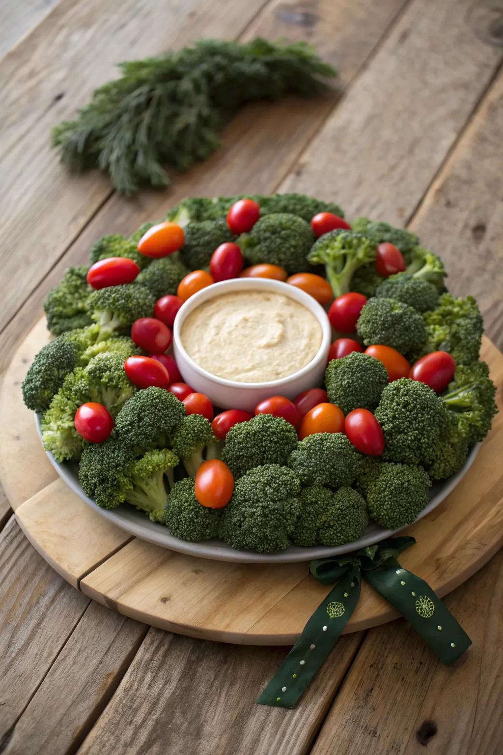 A veggie tray wreath that's the perfect holiday centerpiece.