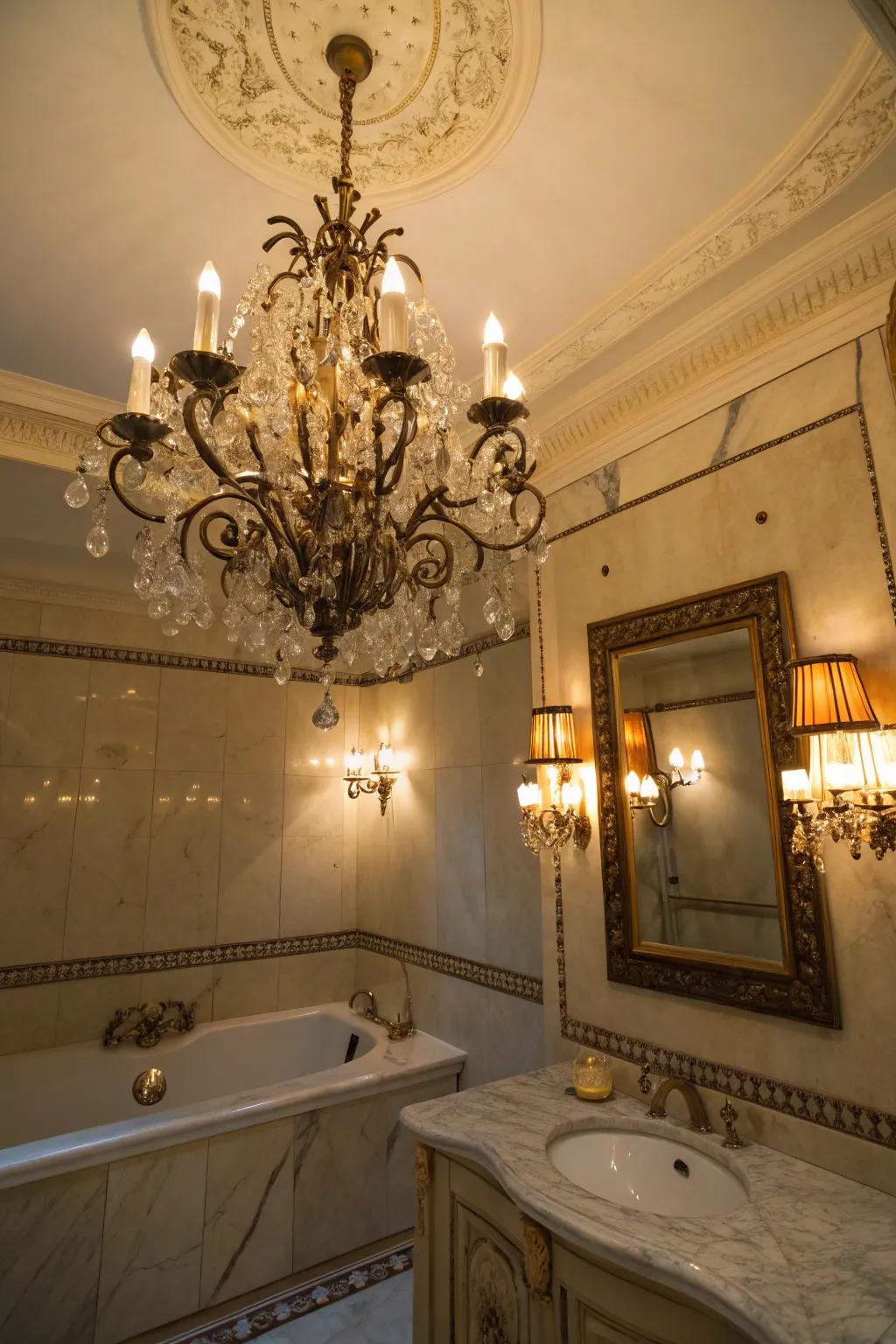 An ornate chandelier adds sophistication to the bathroom.