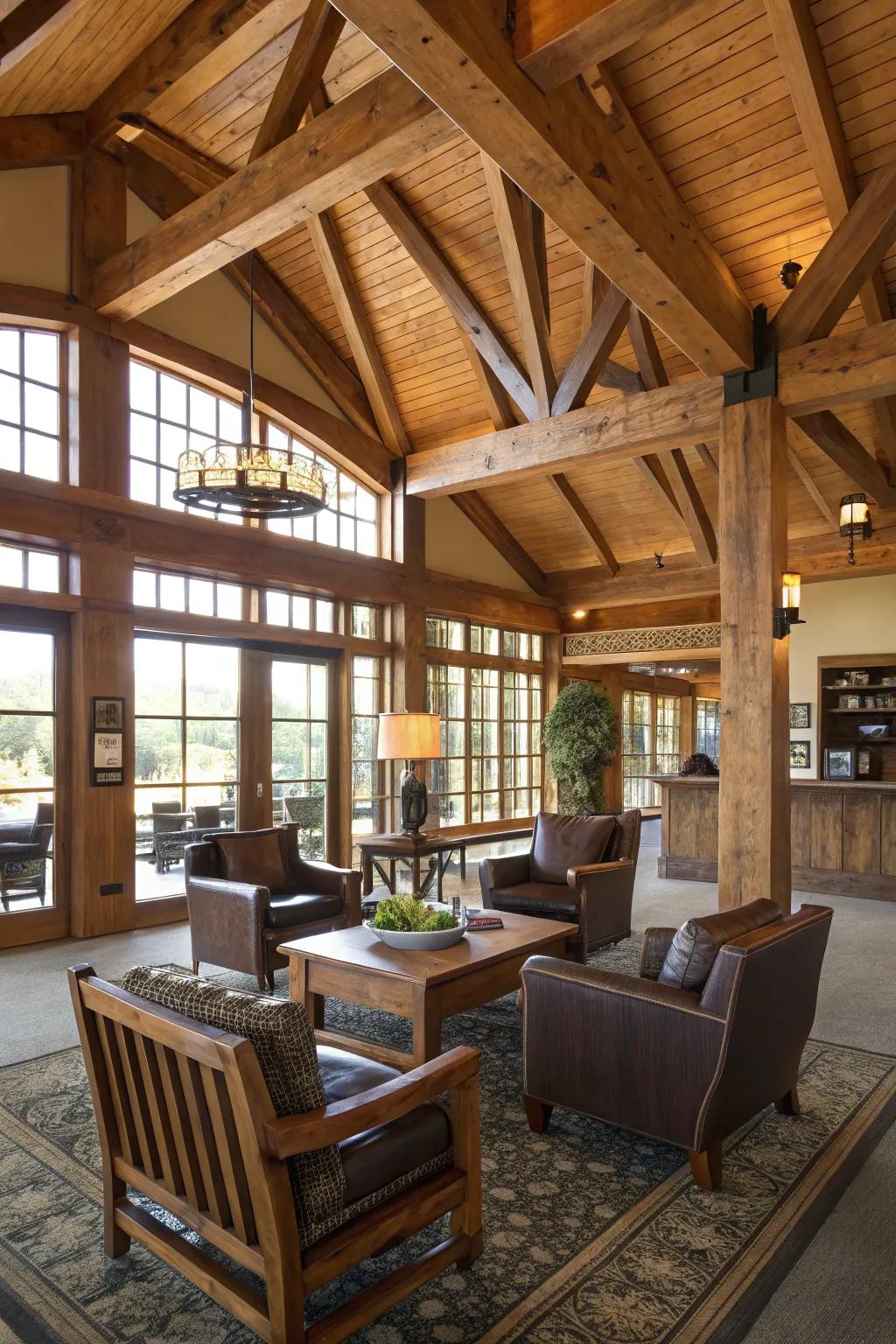 Rustic elements with wooden beams and furniture in a clubhouse.