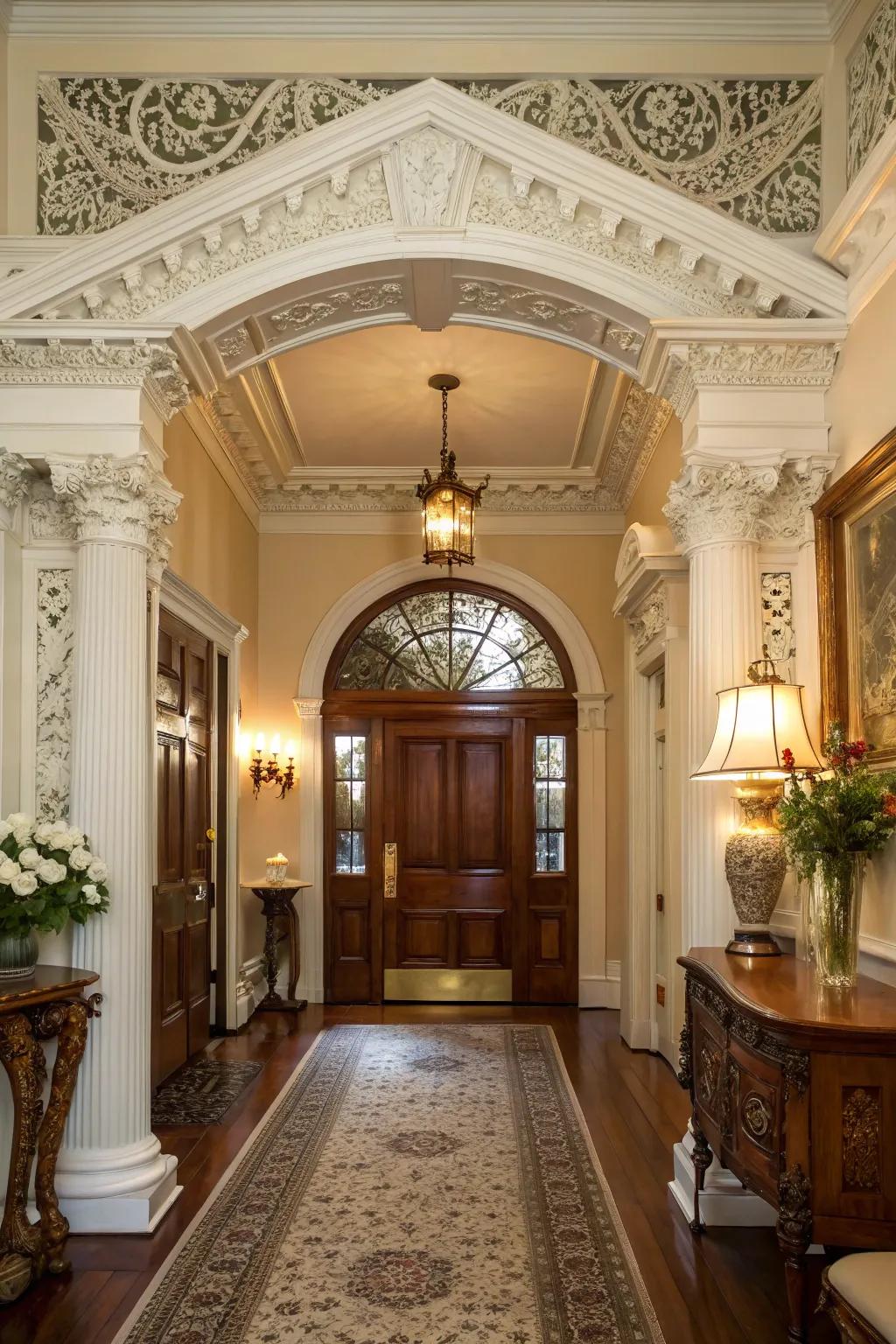 Decorative moldings add elegance to this colonial entryway.