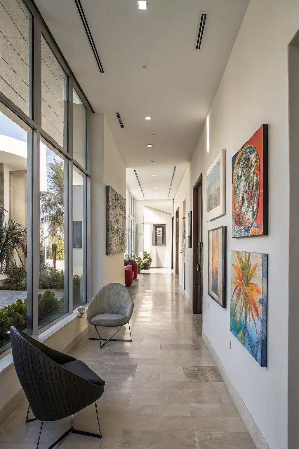 Striking artwork can transform your hallway into a lively gallery.