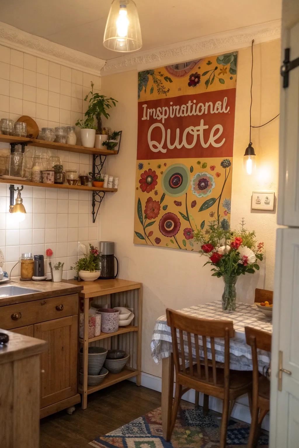 Inspirational quote poster bringing positivity to a kitchen space.