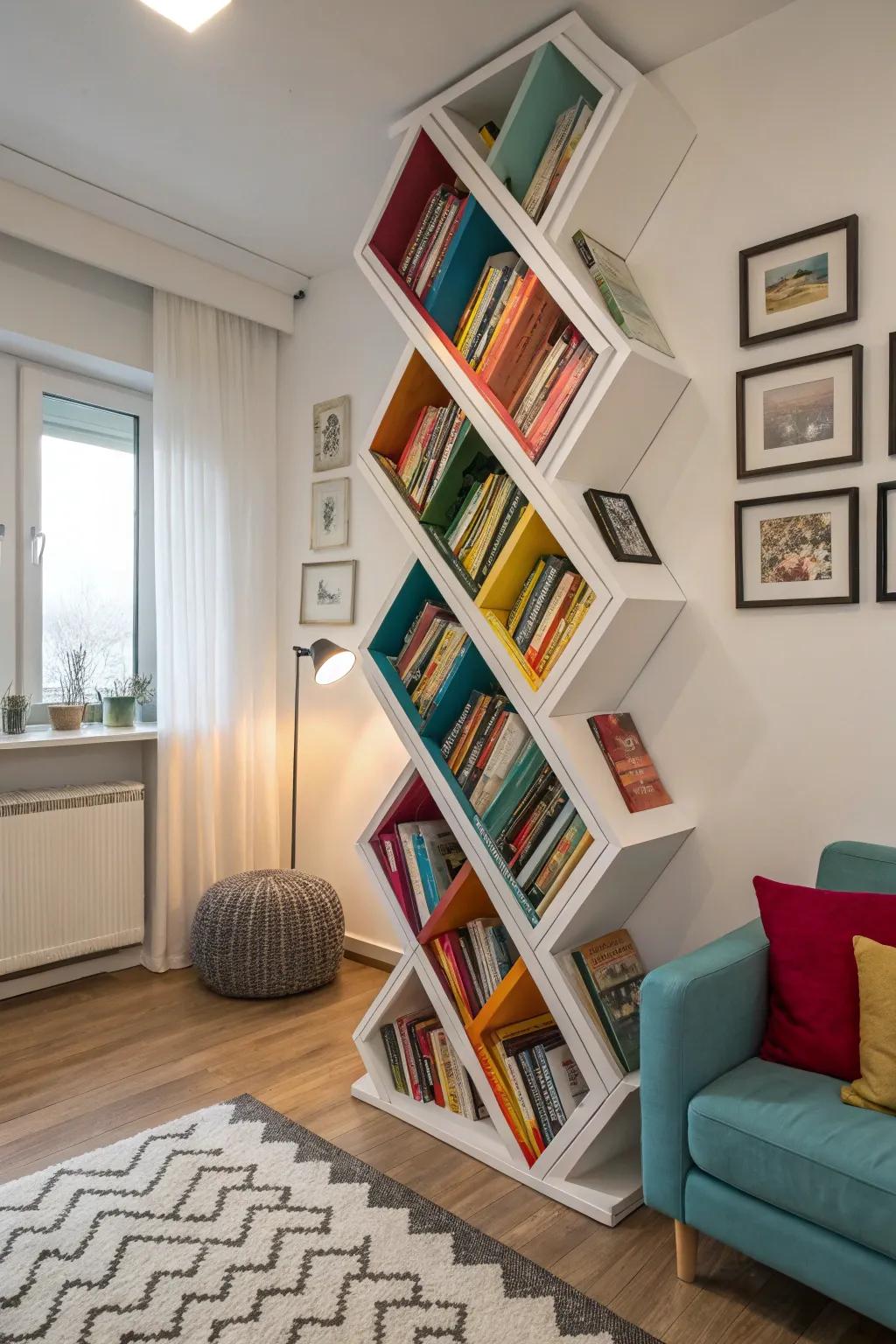 Zig-zag bookshelves introduce an unparalleled design flair.