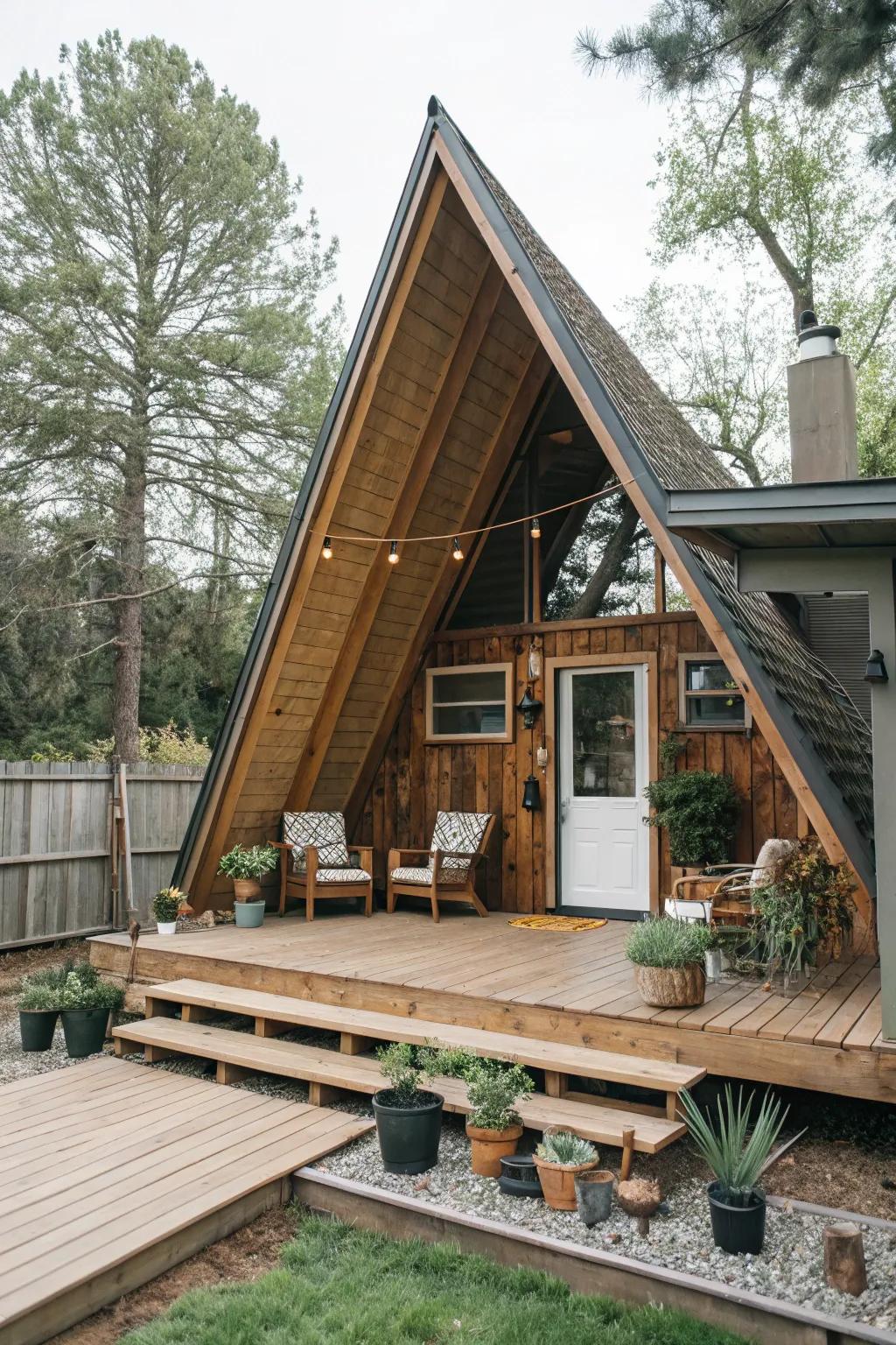 An A-frame design offers a rustic retreat feel, perfect for nature lovers.