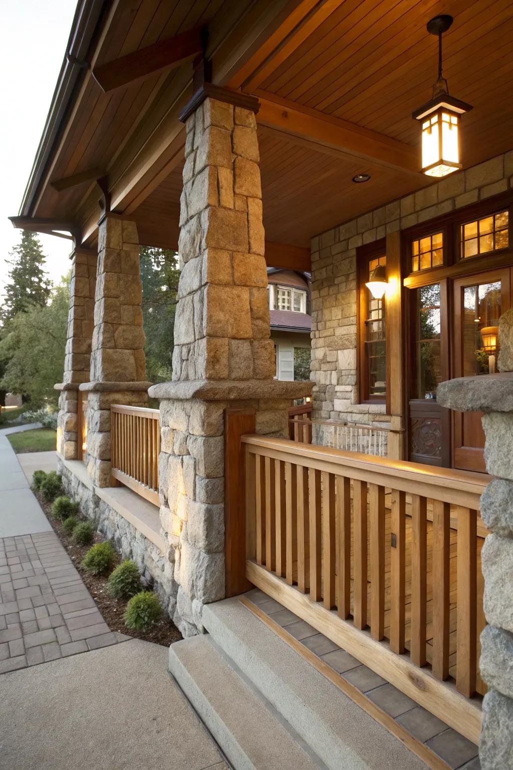 The porch's harmonious Craftsman aesthetic is achieved with stone and wood.