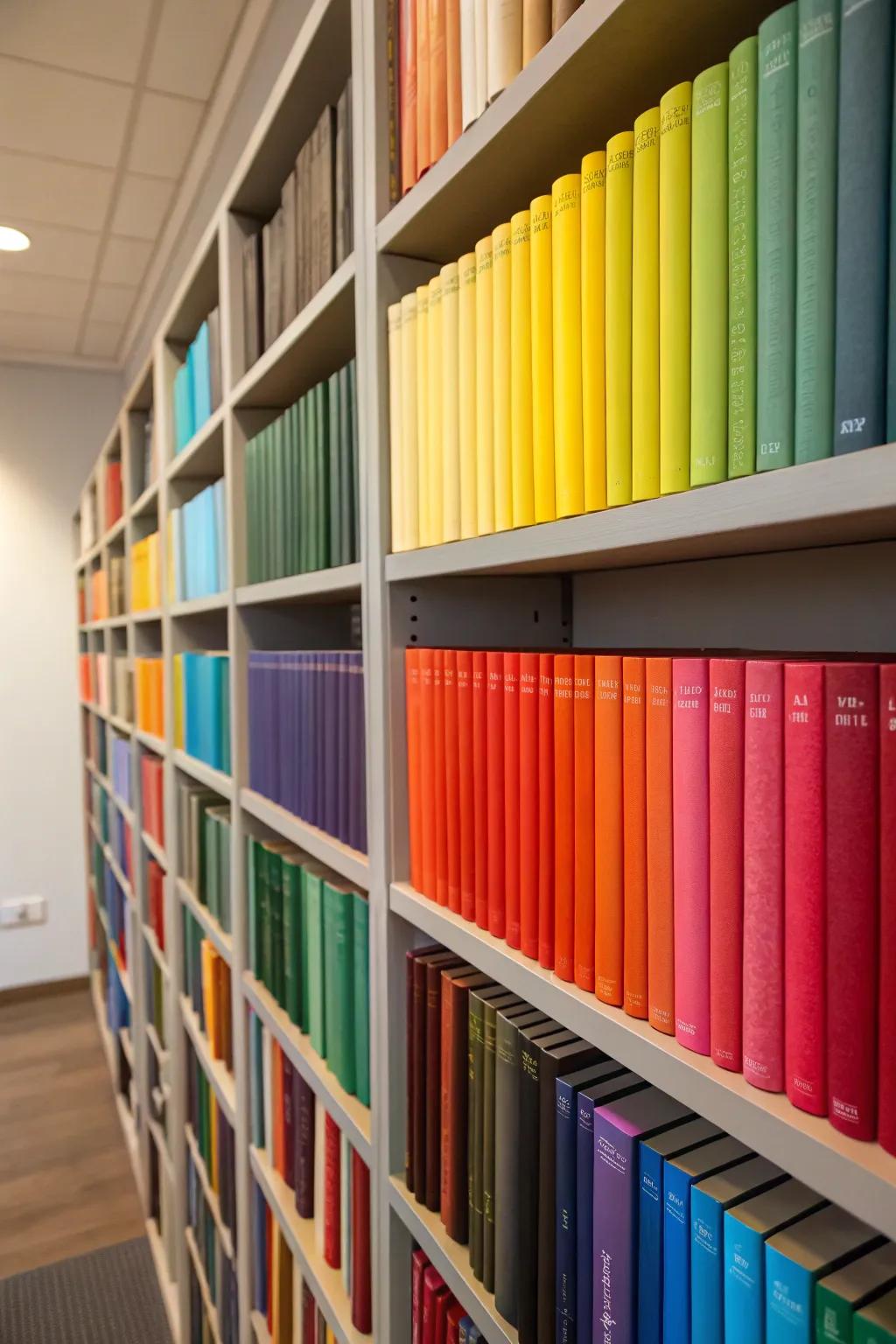 Turn your bookshelf into a vibrant rainbow with color-coded arrangements.