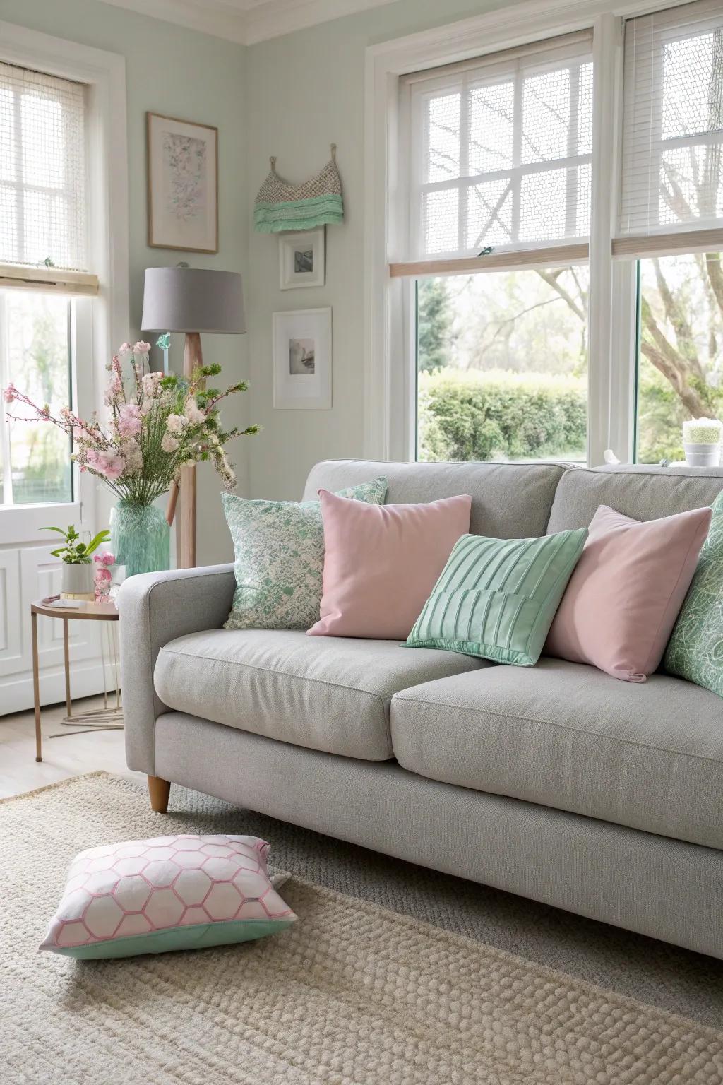 Pastel cushions bring a soft and calming vibe to a grey sofa.