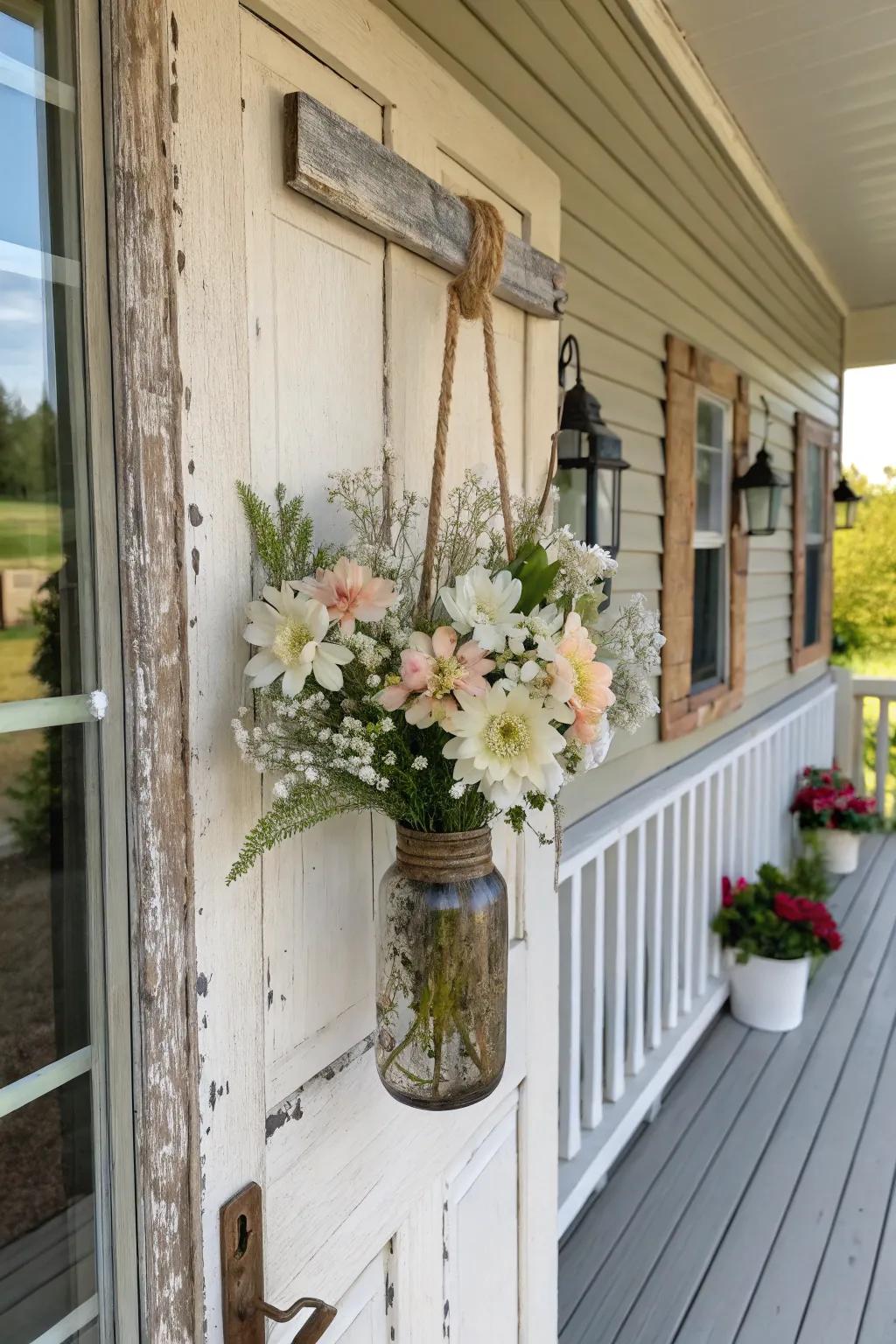 A rustic mason jar door hanger with a touch of floral elegance.