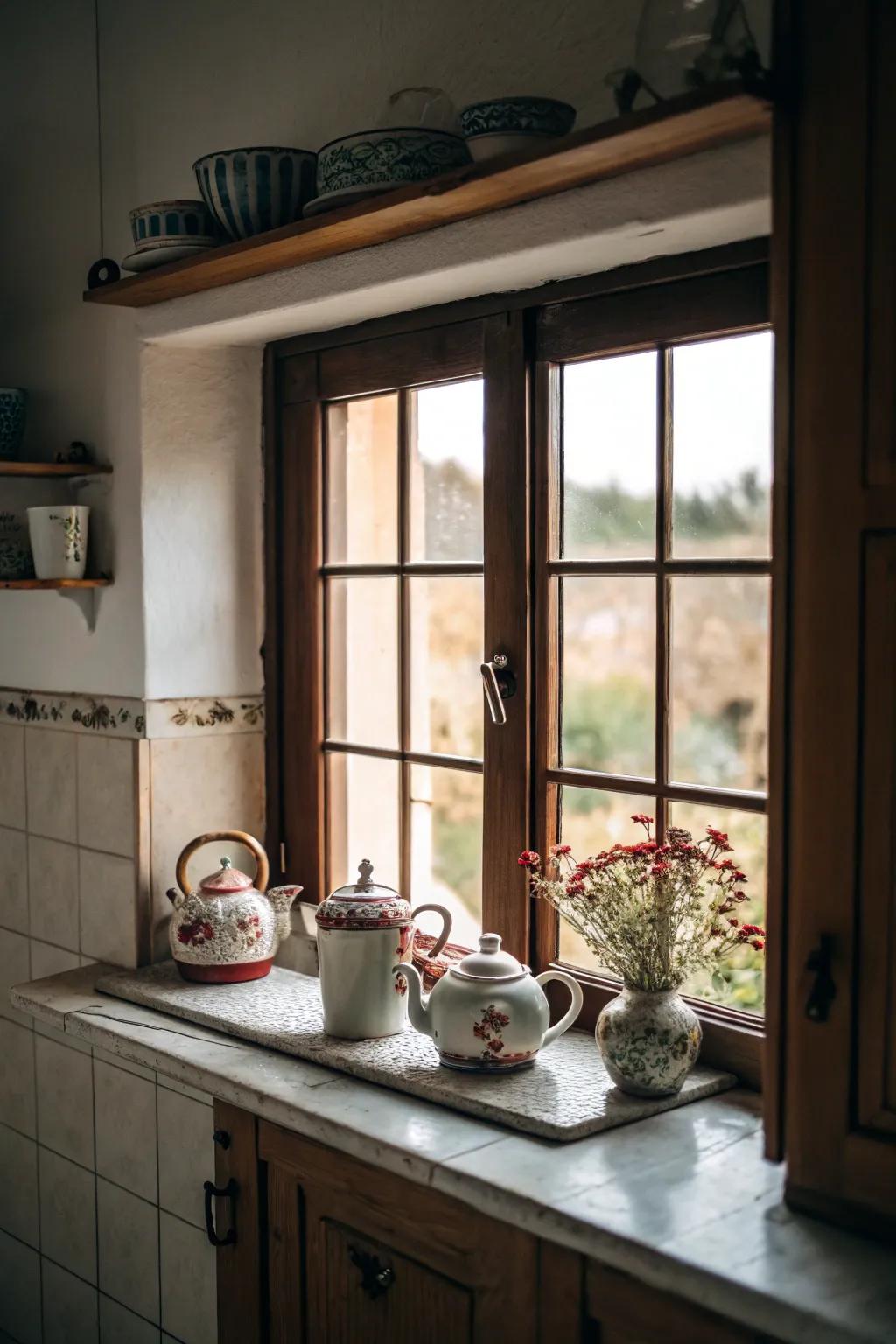 A window shelf beautifully displaying vintage teapots.