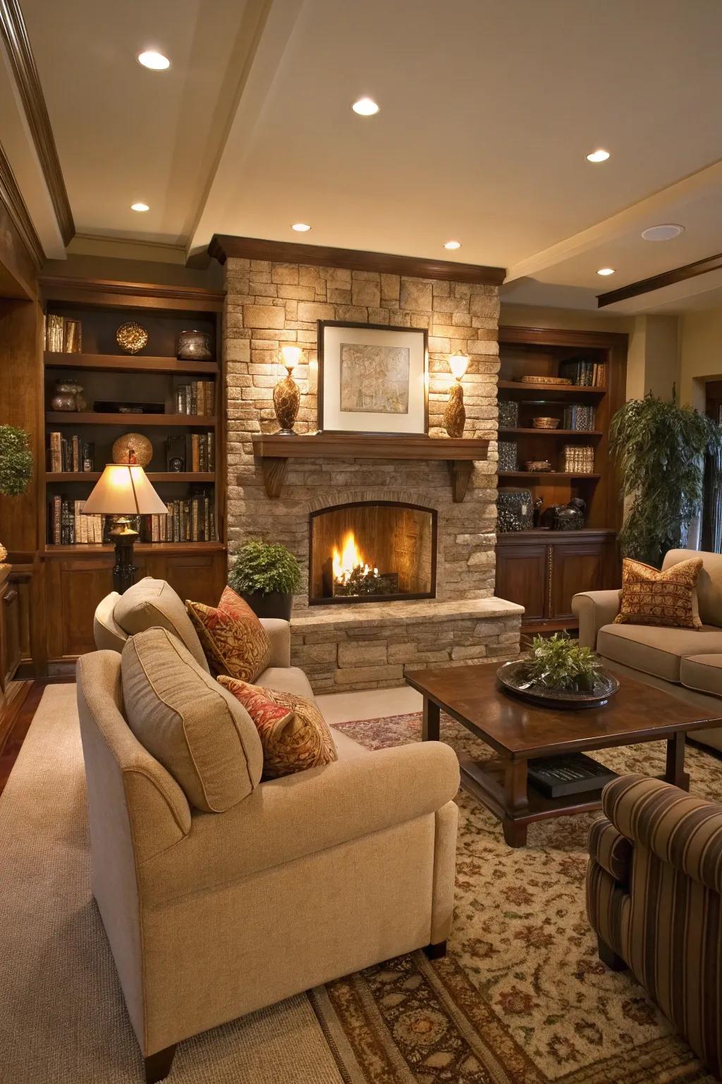 A warm and inviting den centered around a fireplace.