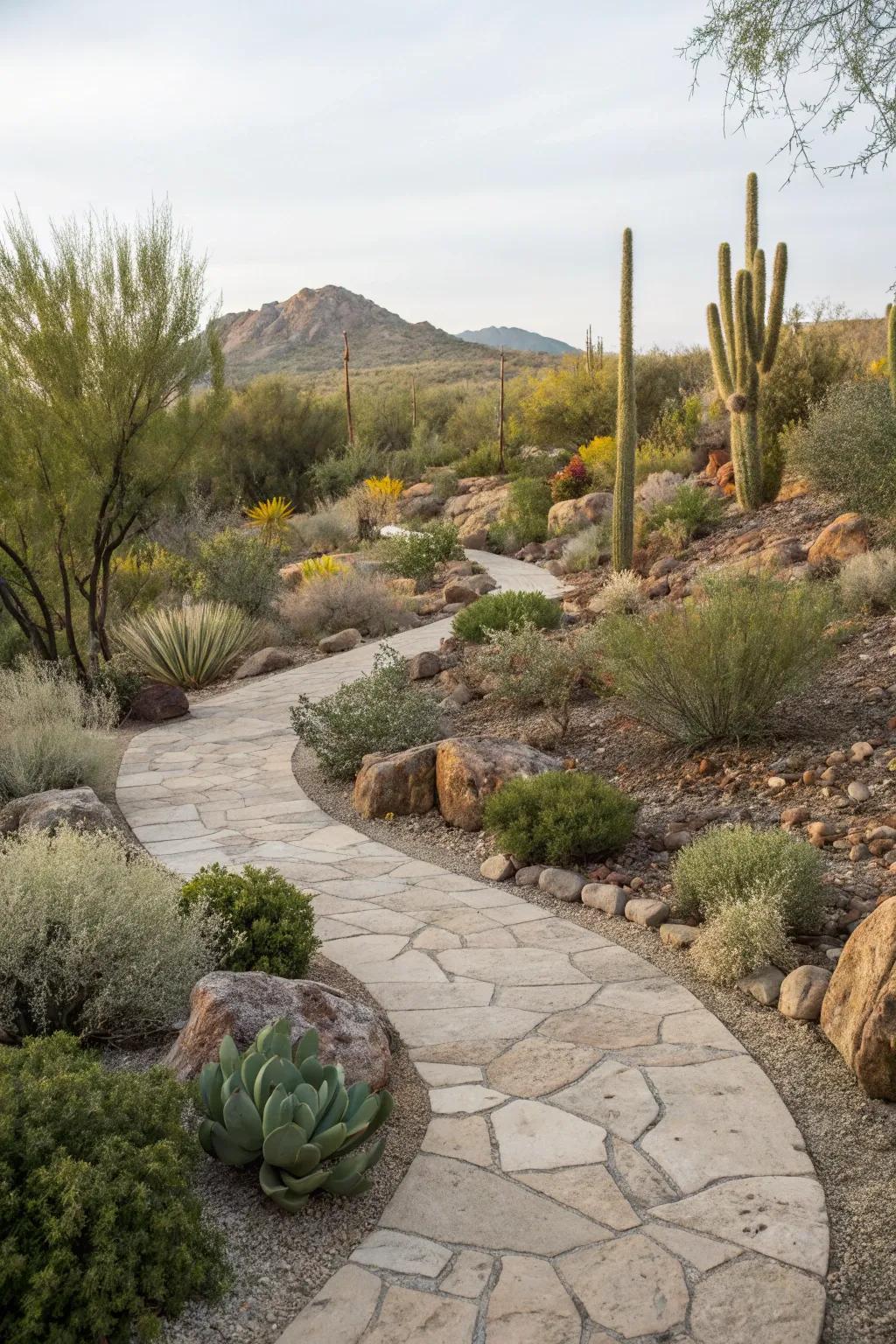 A stone trail twists through a verdant desert environment.