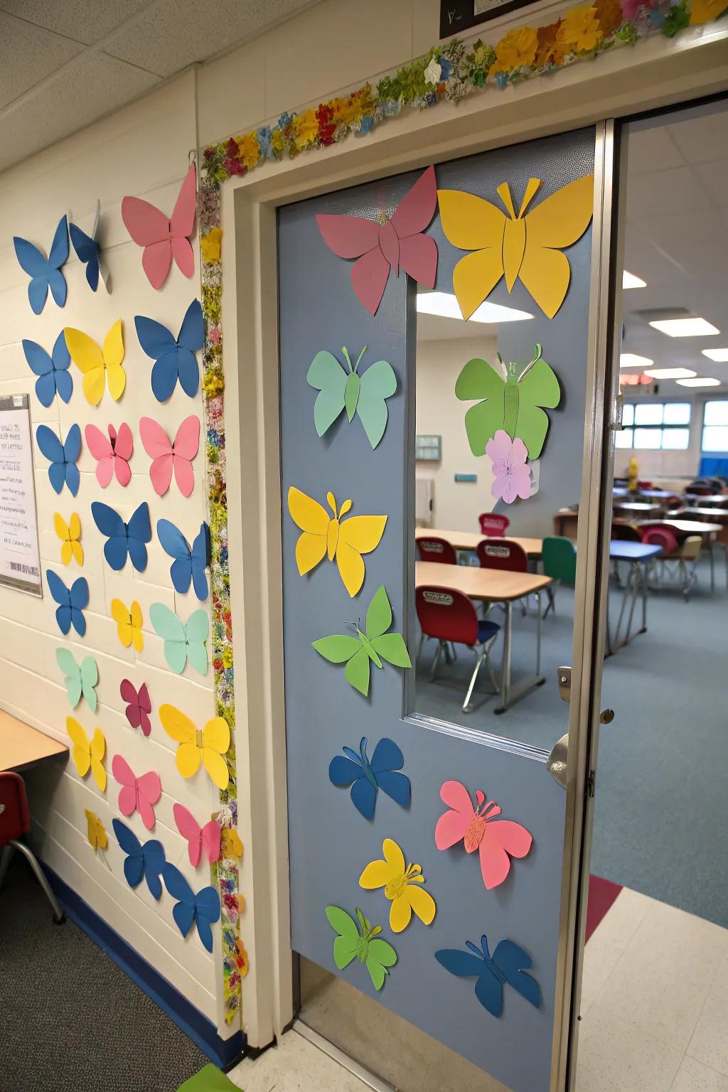 A door decorated with colorful paper butterflies.