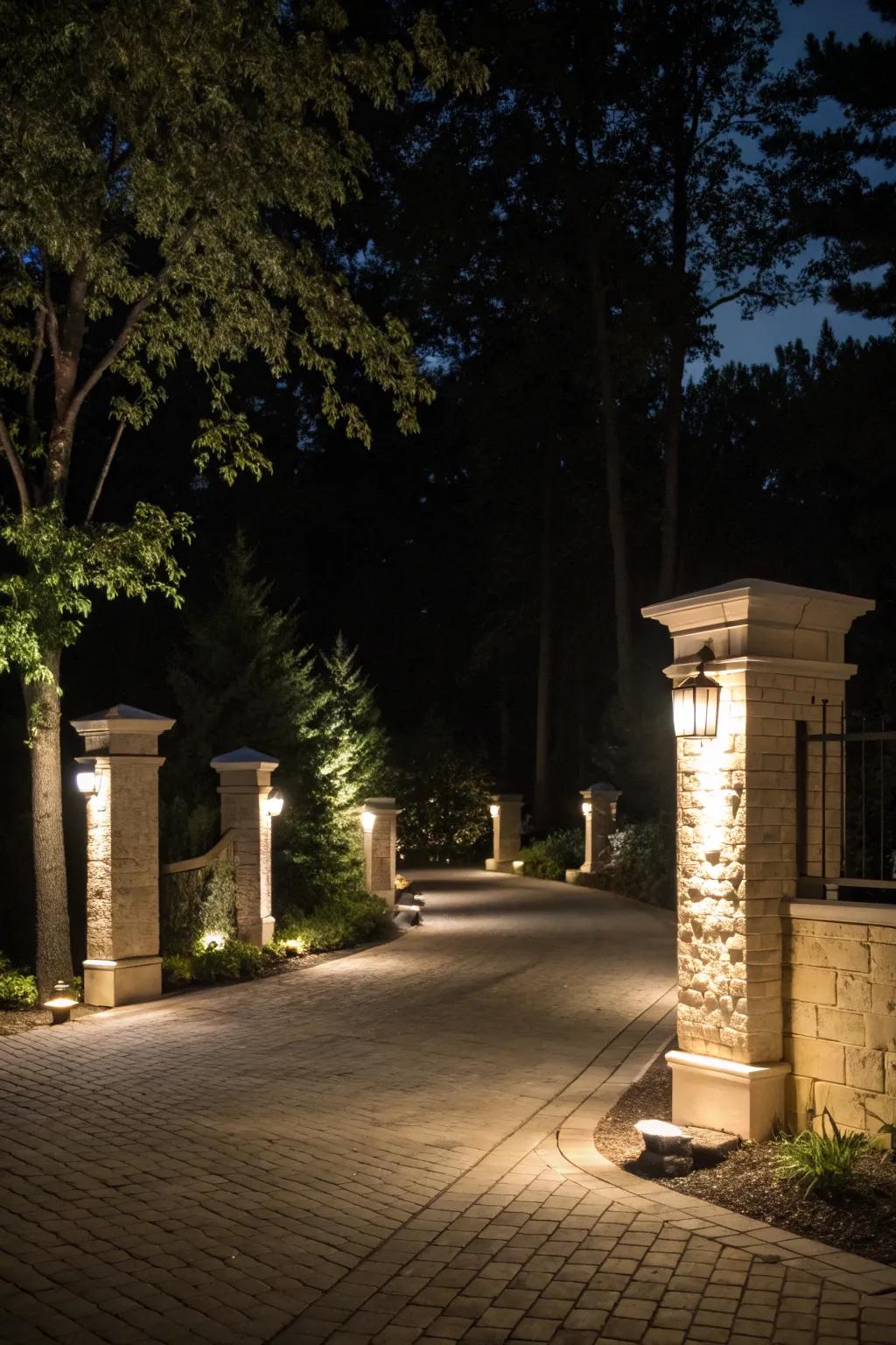 Pillar lighting transforms the driveway entrance into a magical nighttime scene.