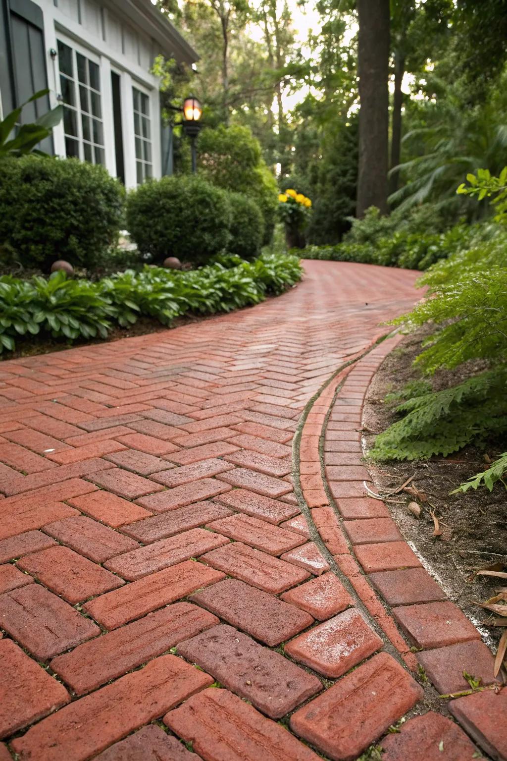 Brick pathways add a traditional and inviting touch.