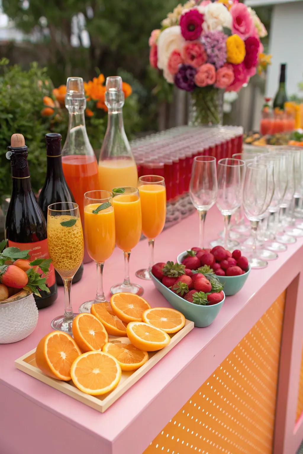 A vibrant mimosa bar that encourages guests to mix and match their favorite flavors.