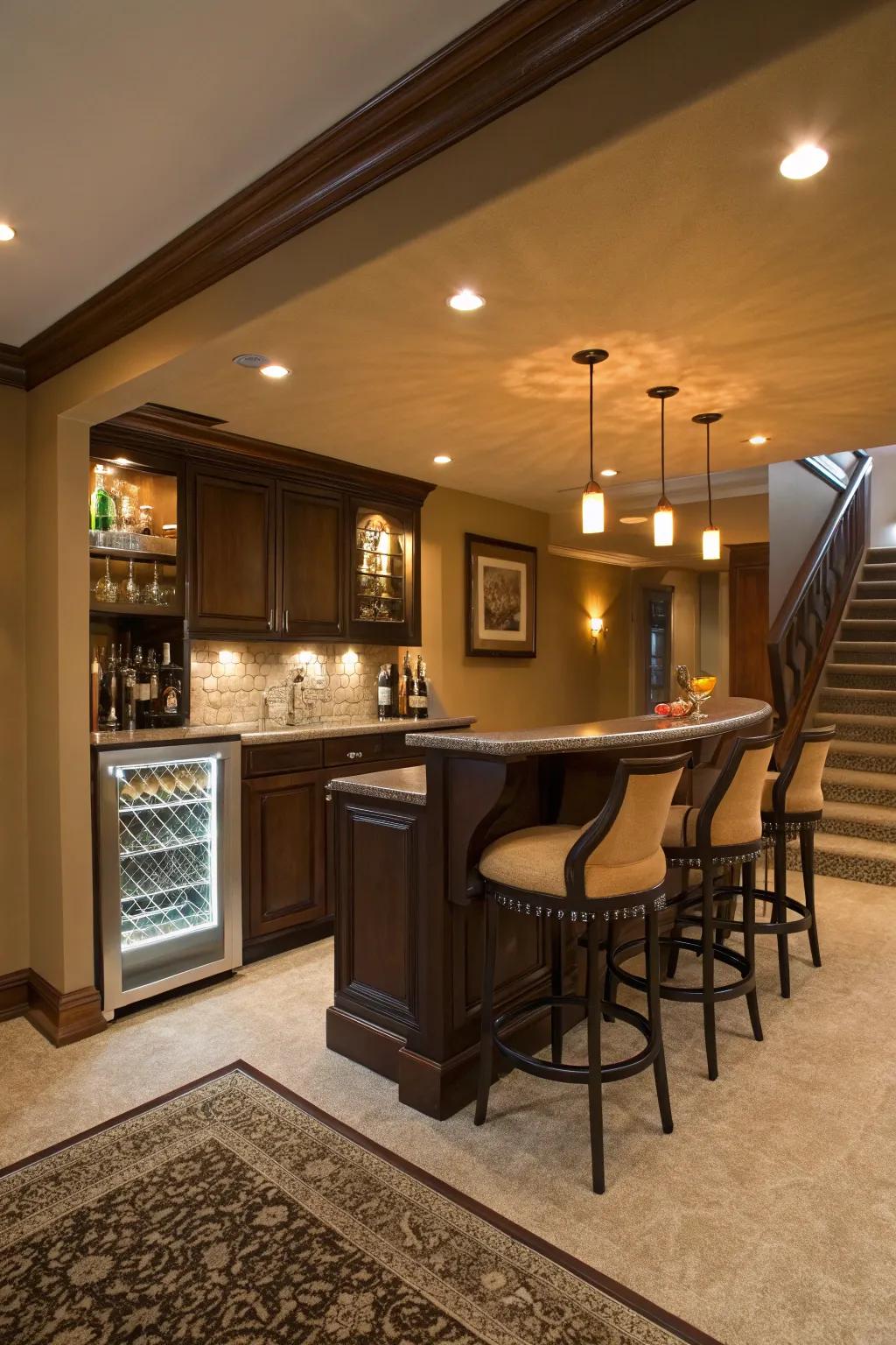 Enhance your entertaining skills with a sleek basement setup.