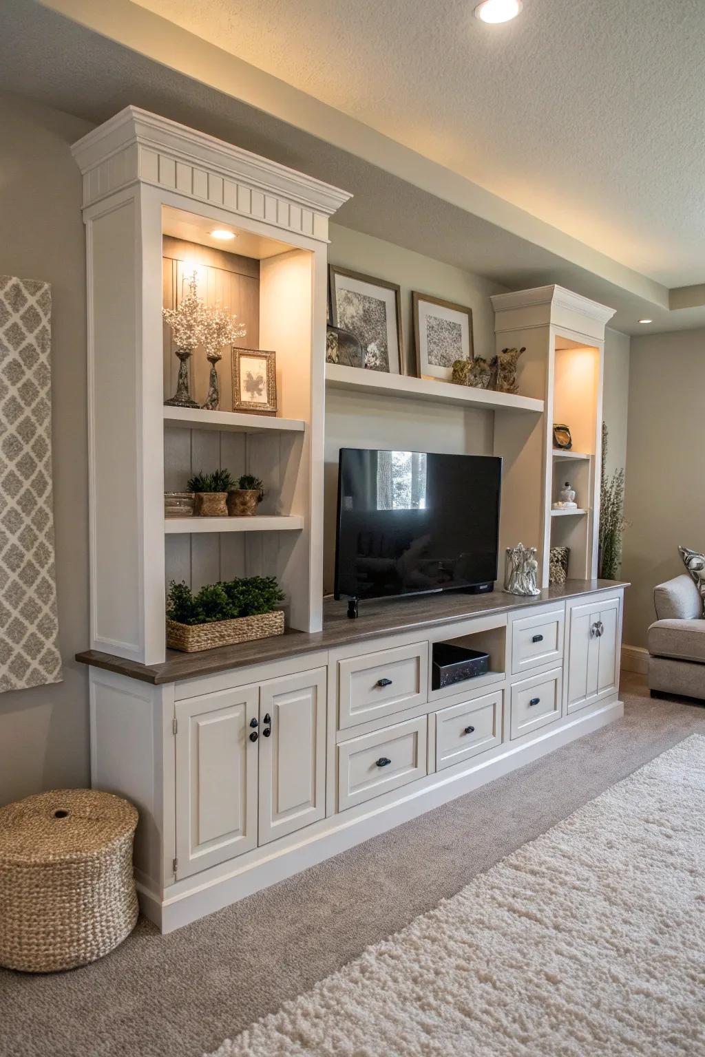 An entertainment center in a neutral palette with elegant decor.