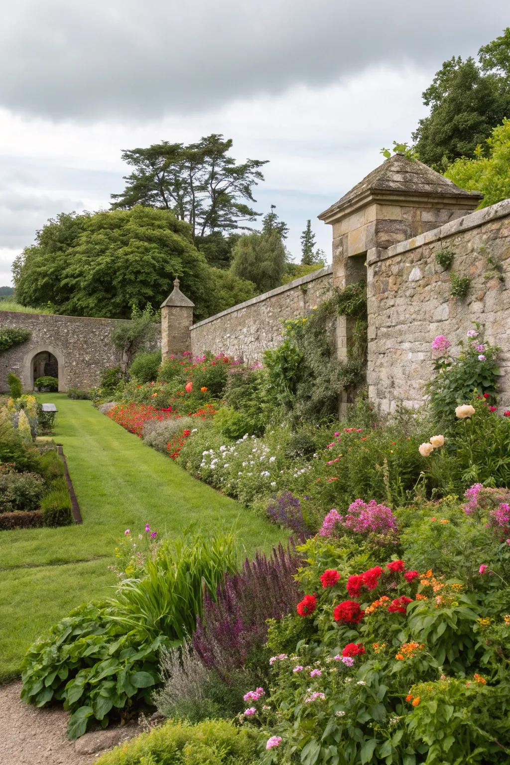 Stone walls in gardens create a harmonious blend of natural beauty.