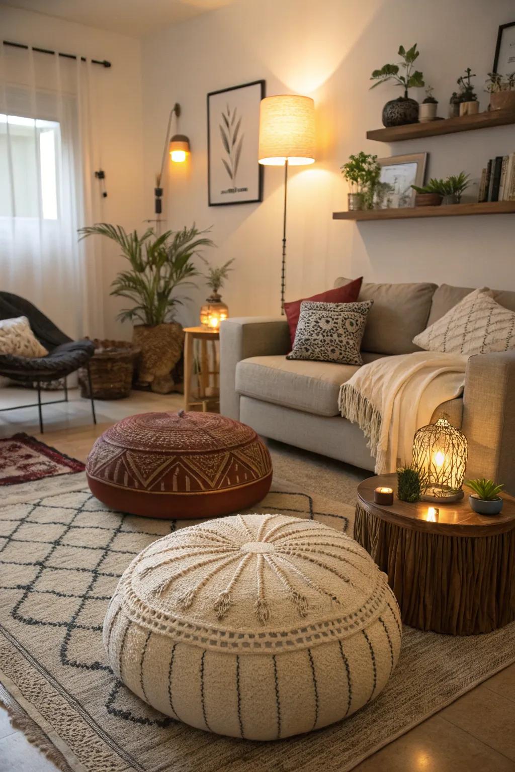 Floor cushions create a relaxed seating area in your living room.