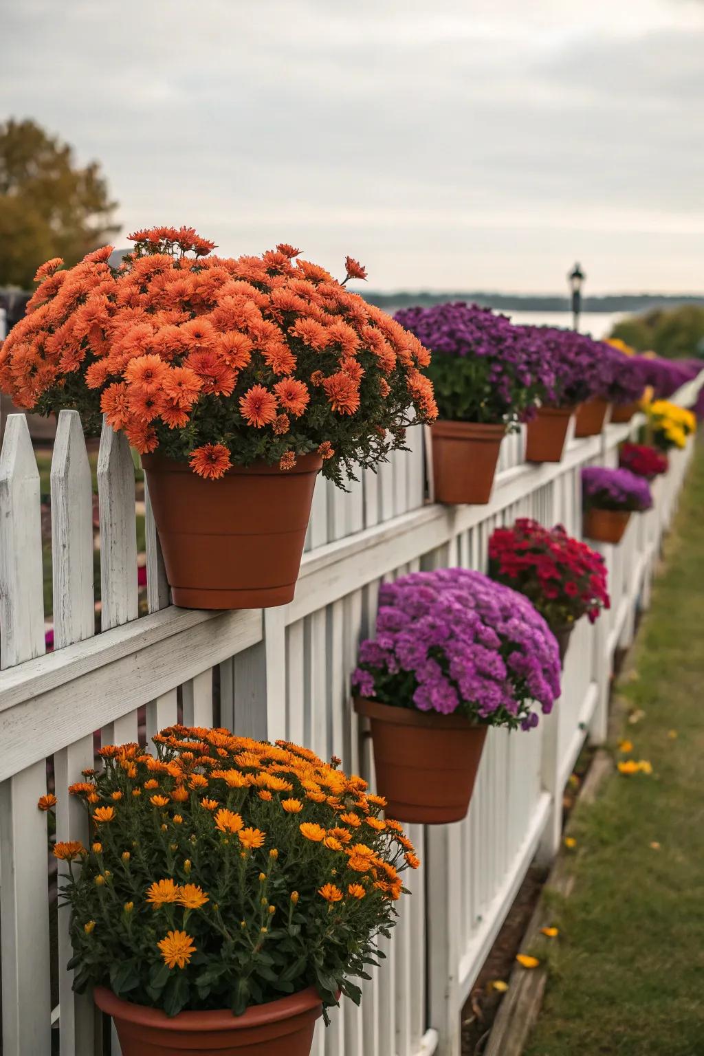 Colorful mums in pots bring vibrant fall colors to a fence.