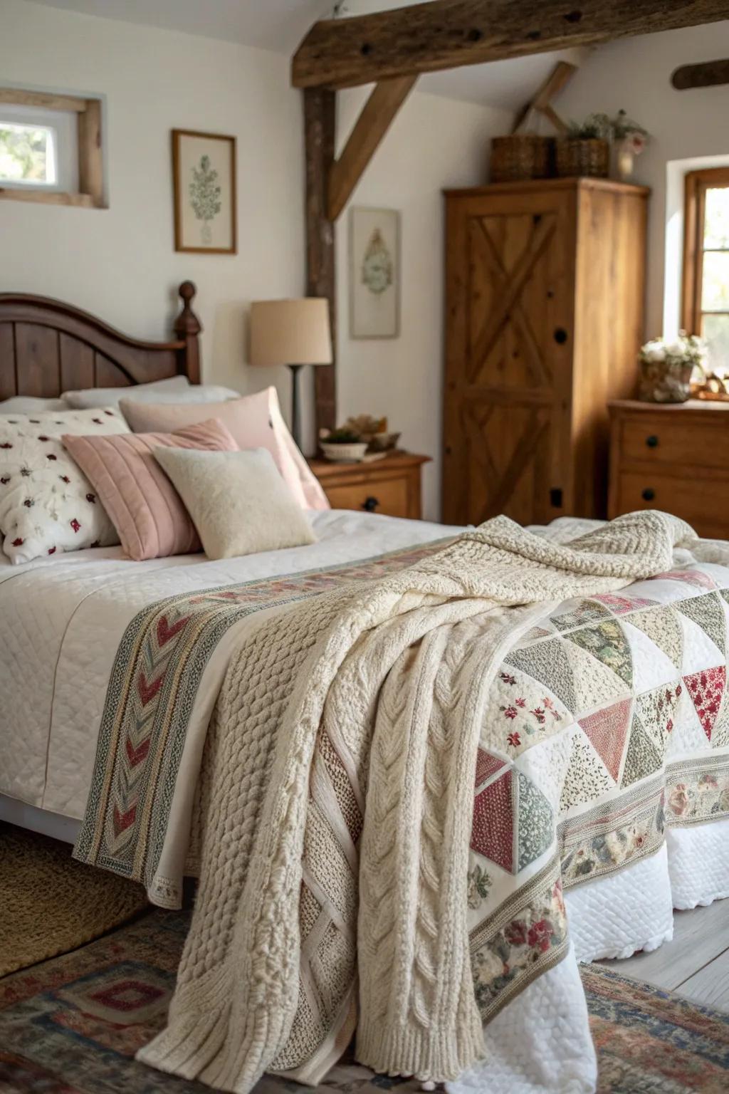An inviting farmhouse bedroom scene is crafted by thoughtfully layered textures.