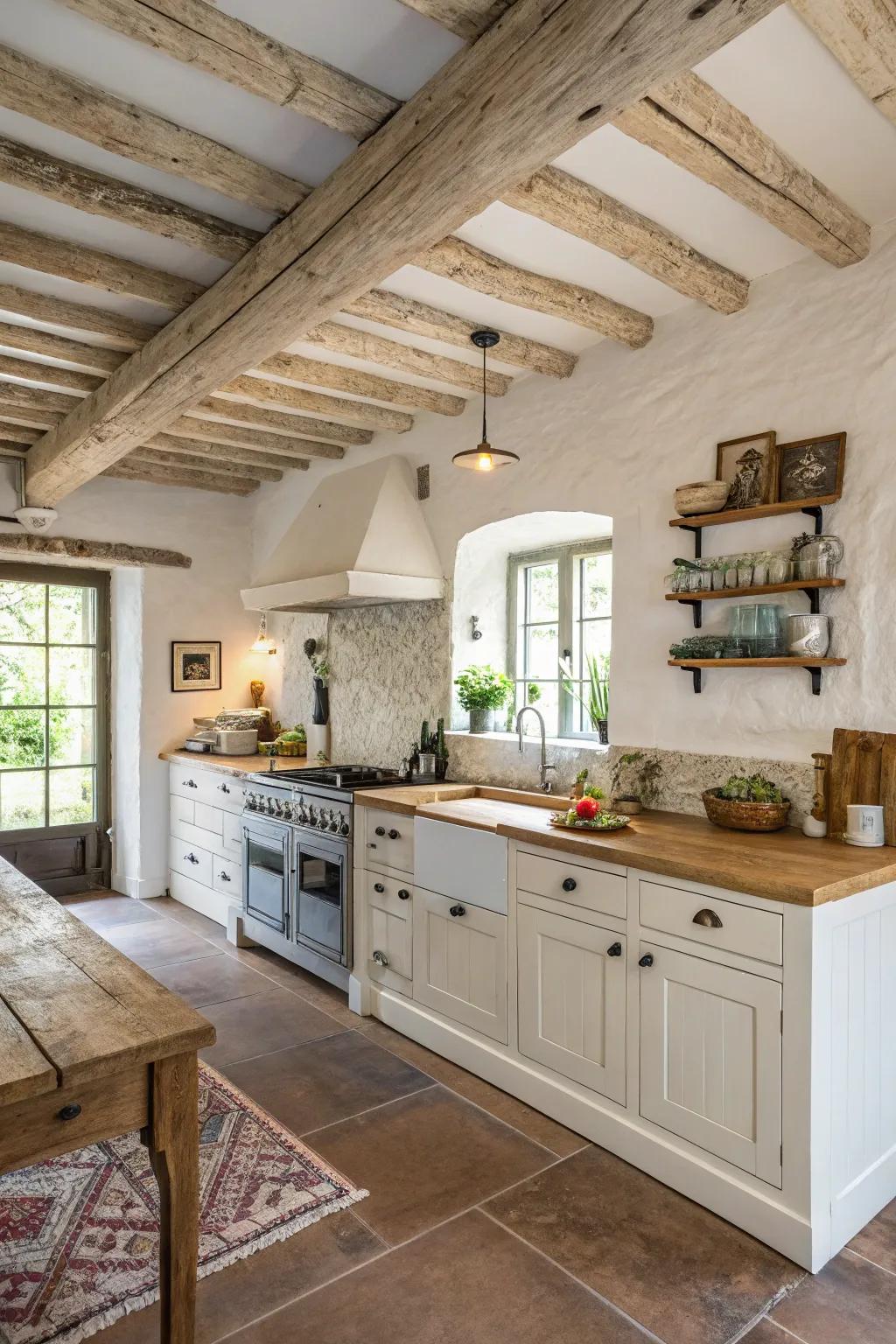 Whitewashed wood ceilings bring brightness and elegance to this farmhouse kitchen.