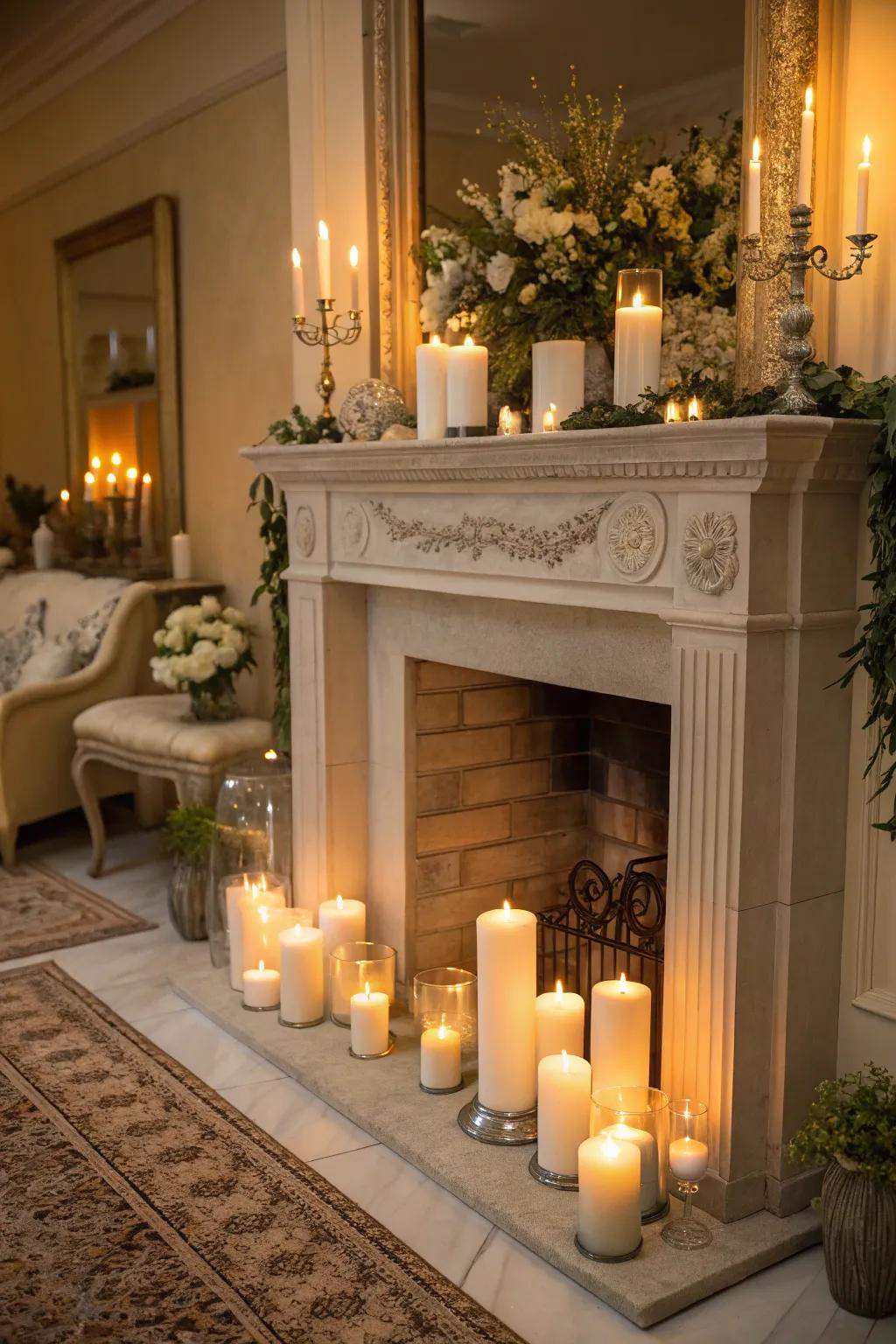 A faux fireplace aglow with the warmth of numerous pillar candles.