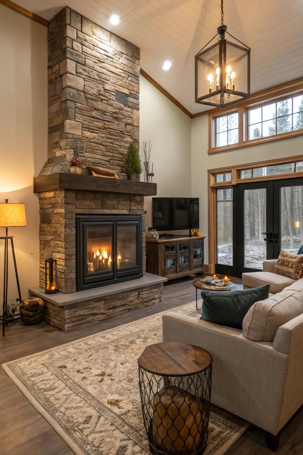 A family-friendly living room with a stylish glass-enclosed fireplace.