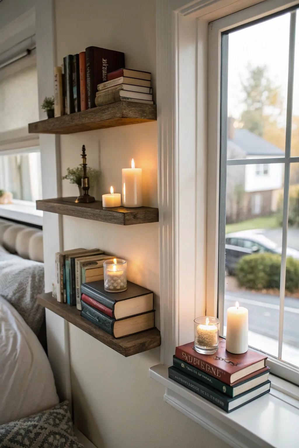 Floating shelves turn a bedroom corner into a reading sanctuary.