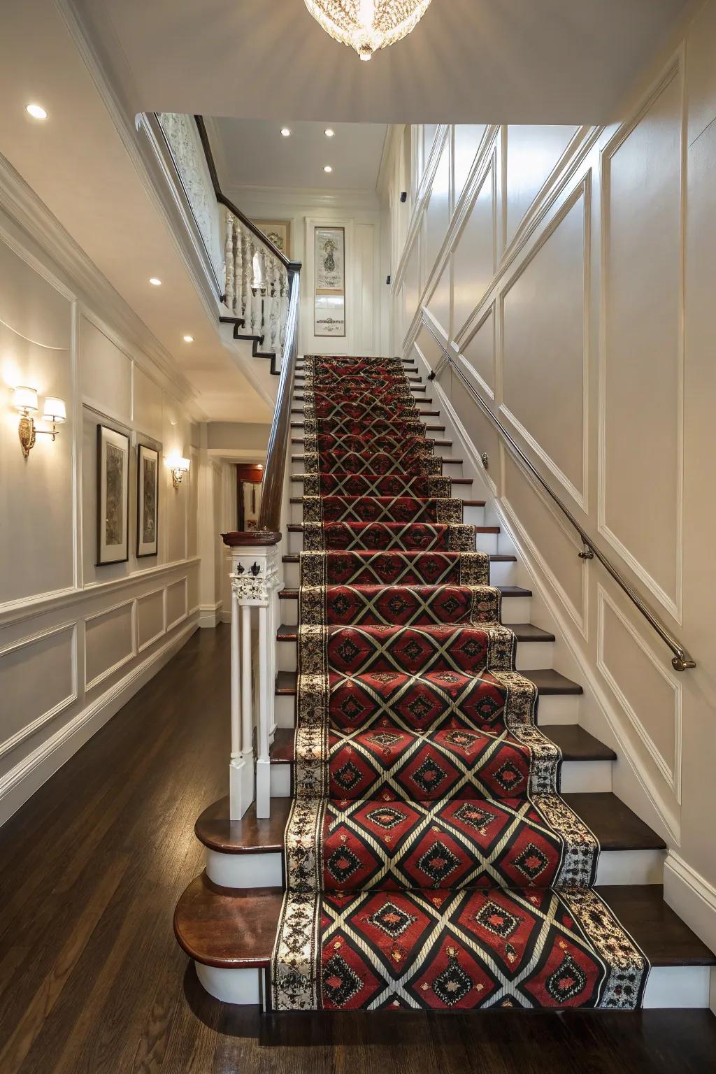 A striking stair runner adds color and texture to the foyer.