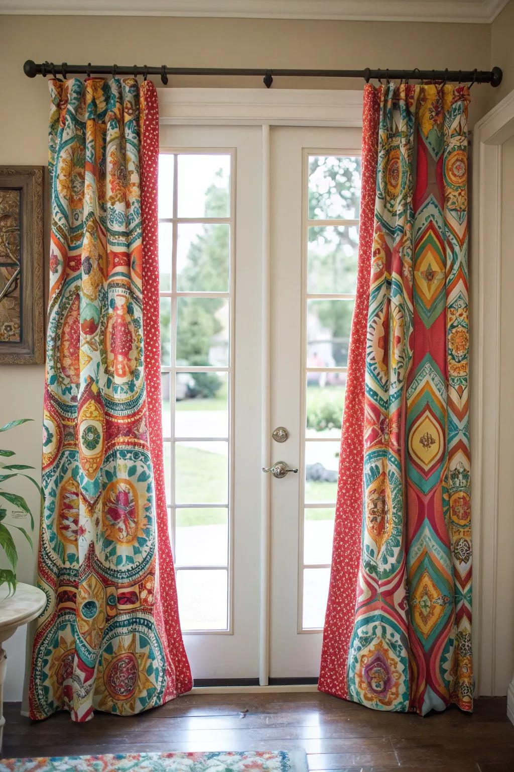 Patterned curtains adding a splash of character to a front door.