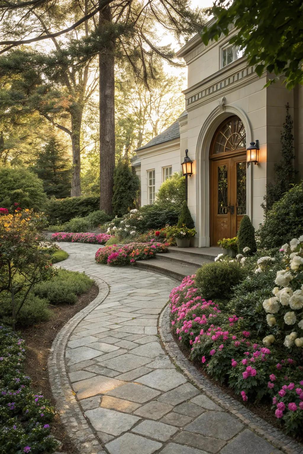 A stone pathway that gracefully leads visitors to the entrance.