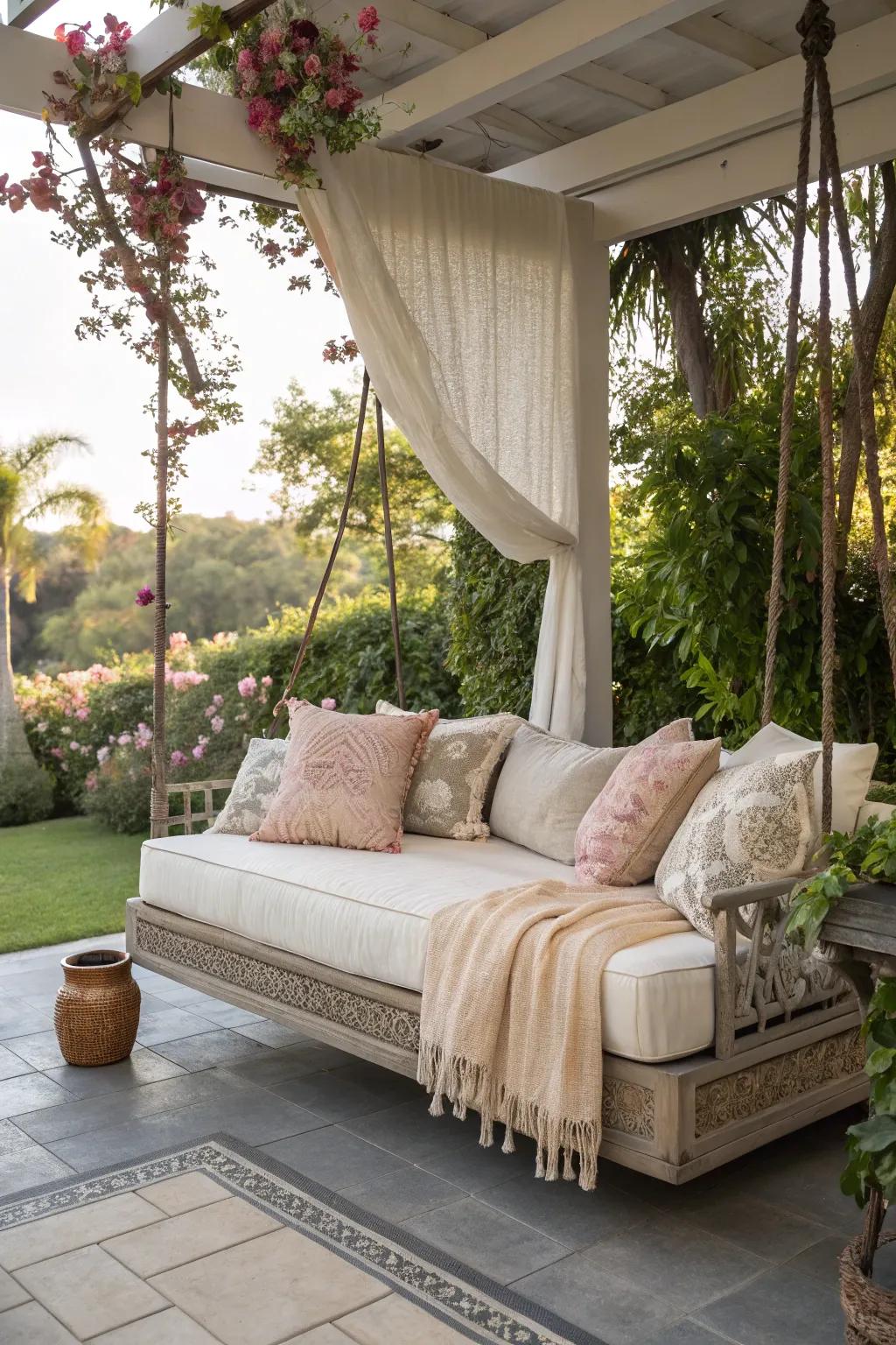 Swinging daybeds add a dreamy element to patio relaxation.