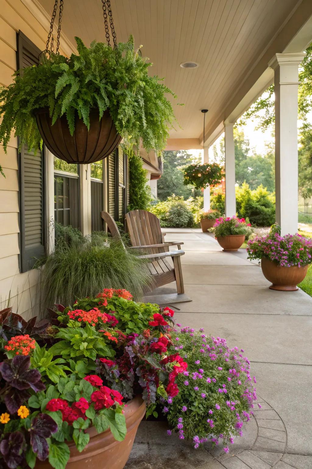 A front porch decorated with colorful planters filled with flowers.