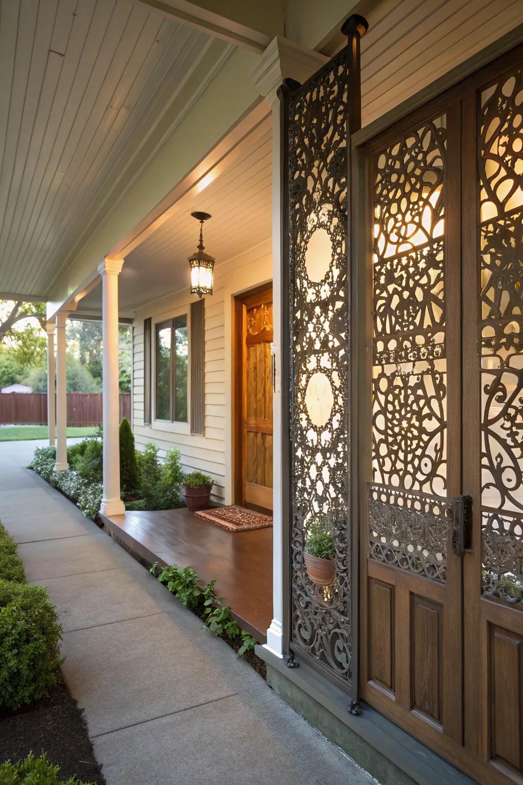 Artistic metal panels adding style and privacy to a porch.
