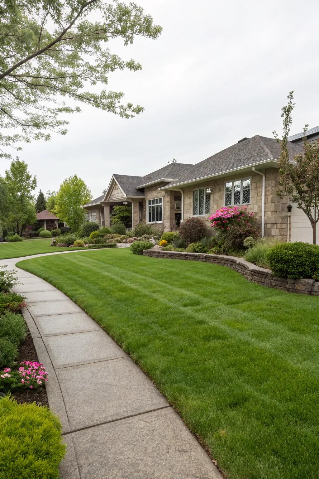 A lush green lawn acts as a serene canvas for yard features.