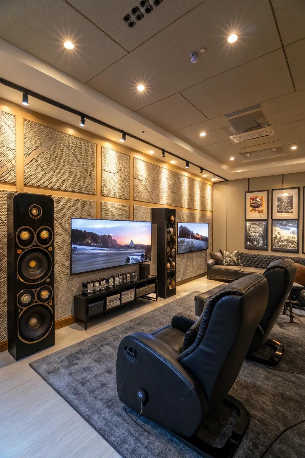 A wraparound sound system enhances the immersive gaming experience in a stylish lounge.