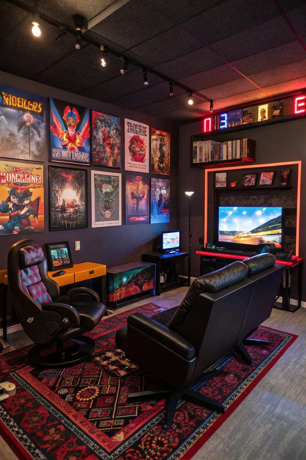 Thematic decor adds a personal touch to this gaming room.