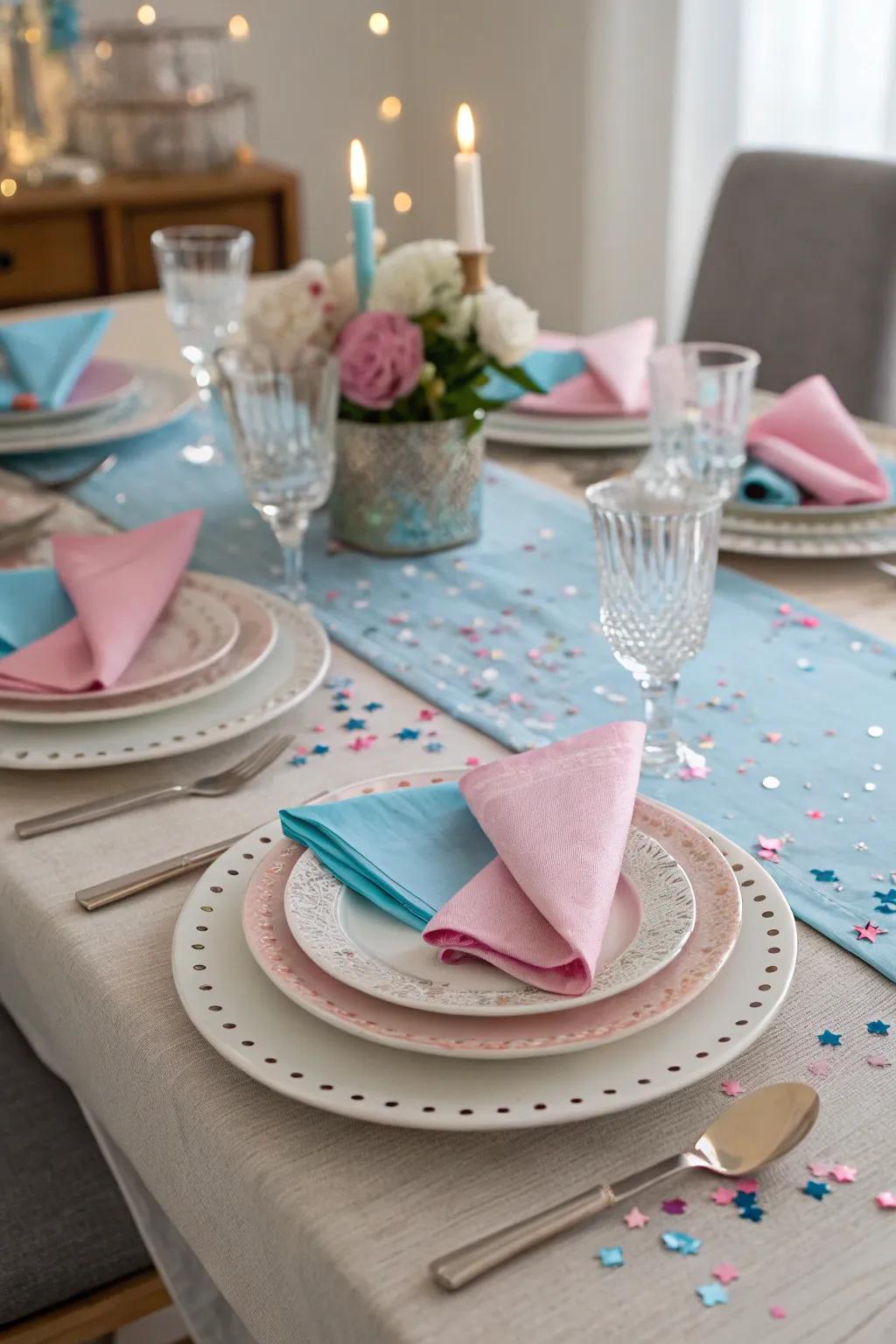 An elegant tablescape sets the tone for a stylish gender reveal party.