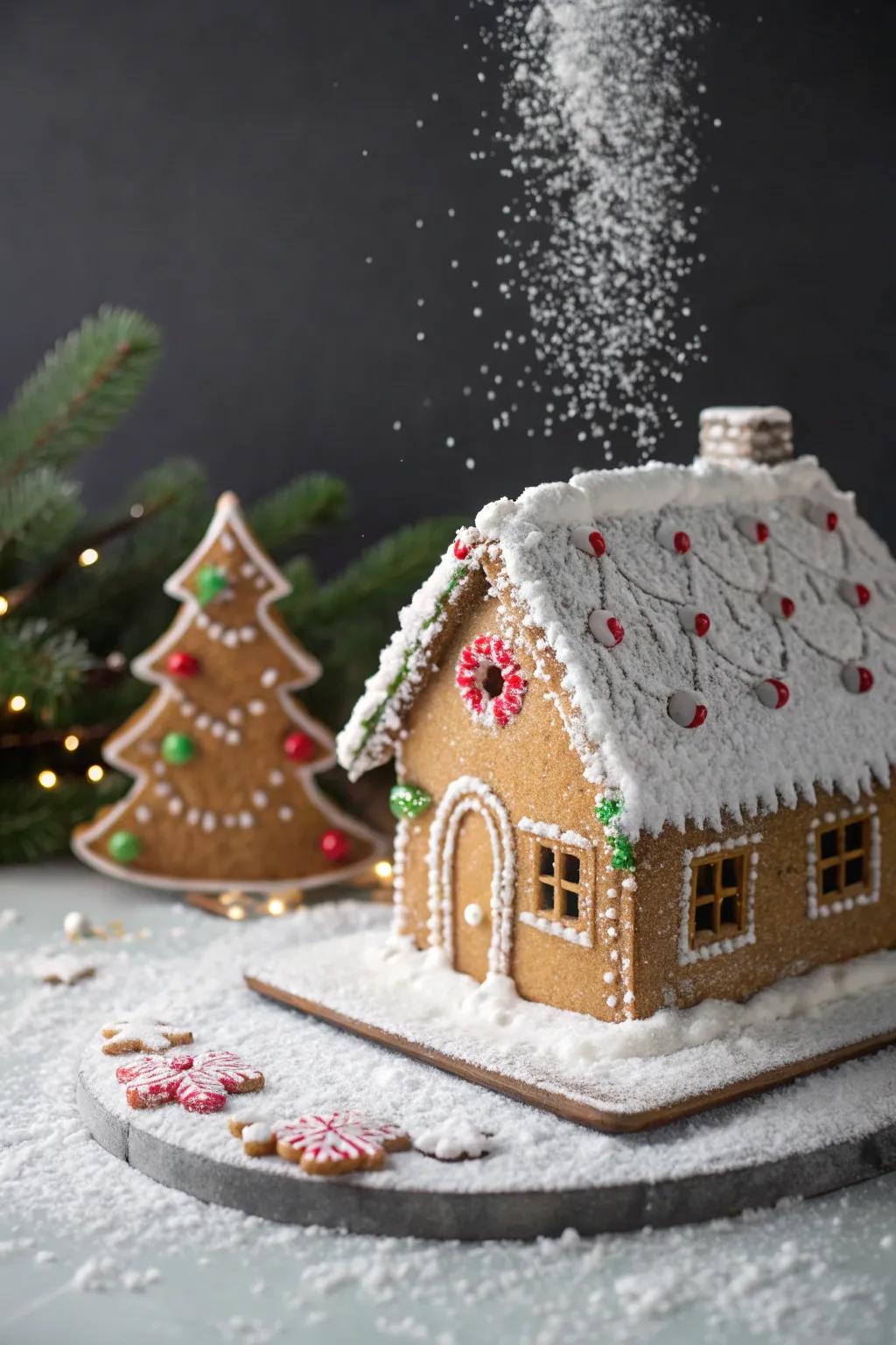 A wintry wonderland gingerbread cottage showcasing snow-esque confectioners' dusting.