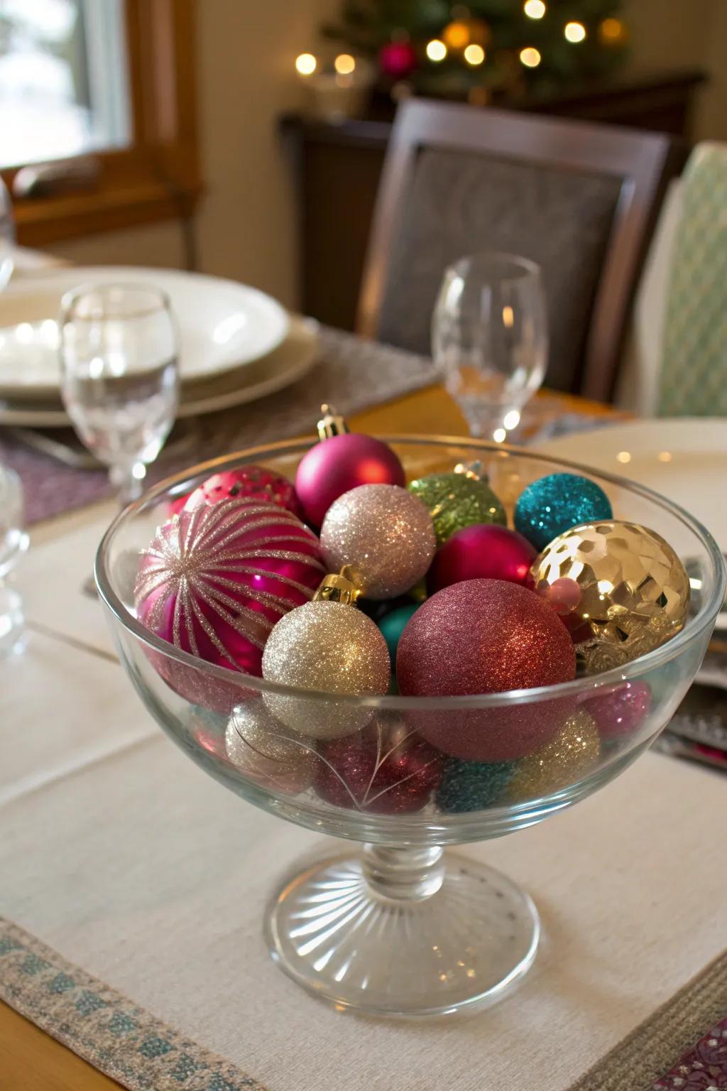 A vibrant sphere extravaganza exhibited inside a clear bowl.