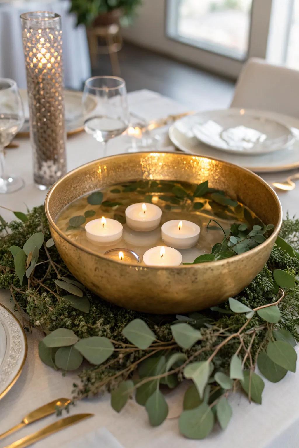 Produce a toasty ambiance using a gilded bowl and floating lights.