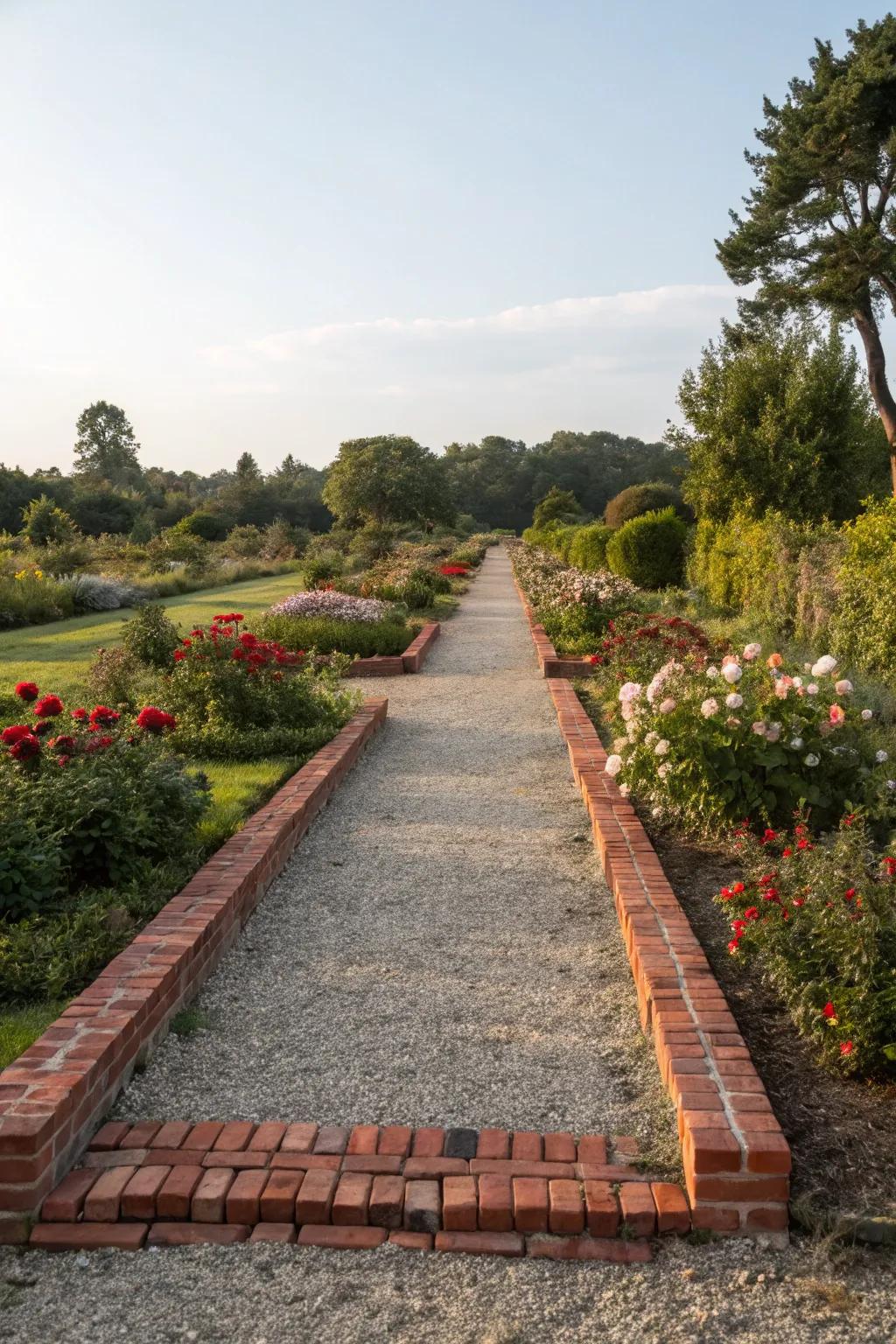 Brick borders provide a clean edge to a gravel pathway.