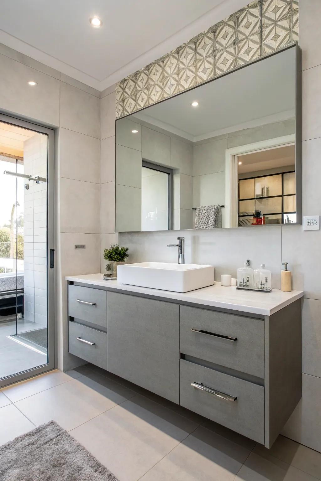 A floating gray vanity elevating the modern aesthetic of the bathroom.