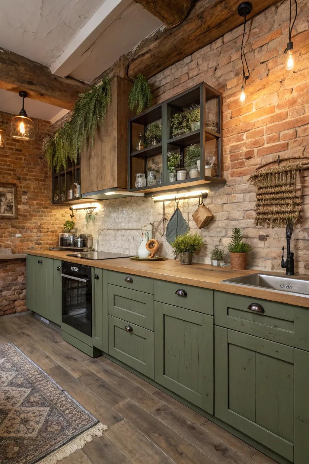 Rustic kitchen oasis with olive green cabinets and warm textures.