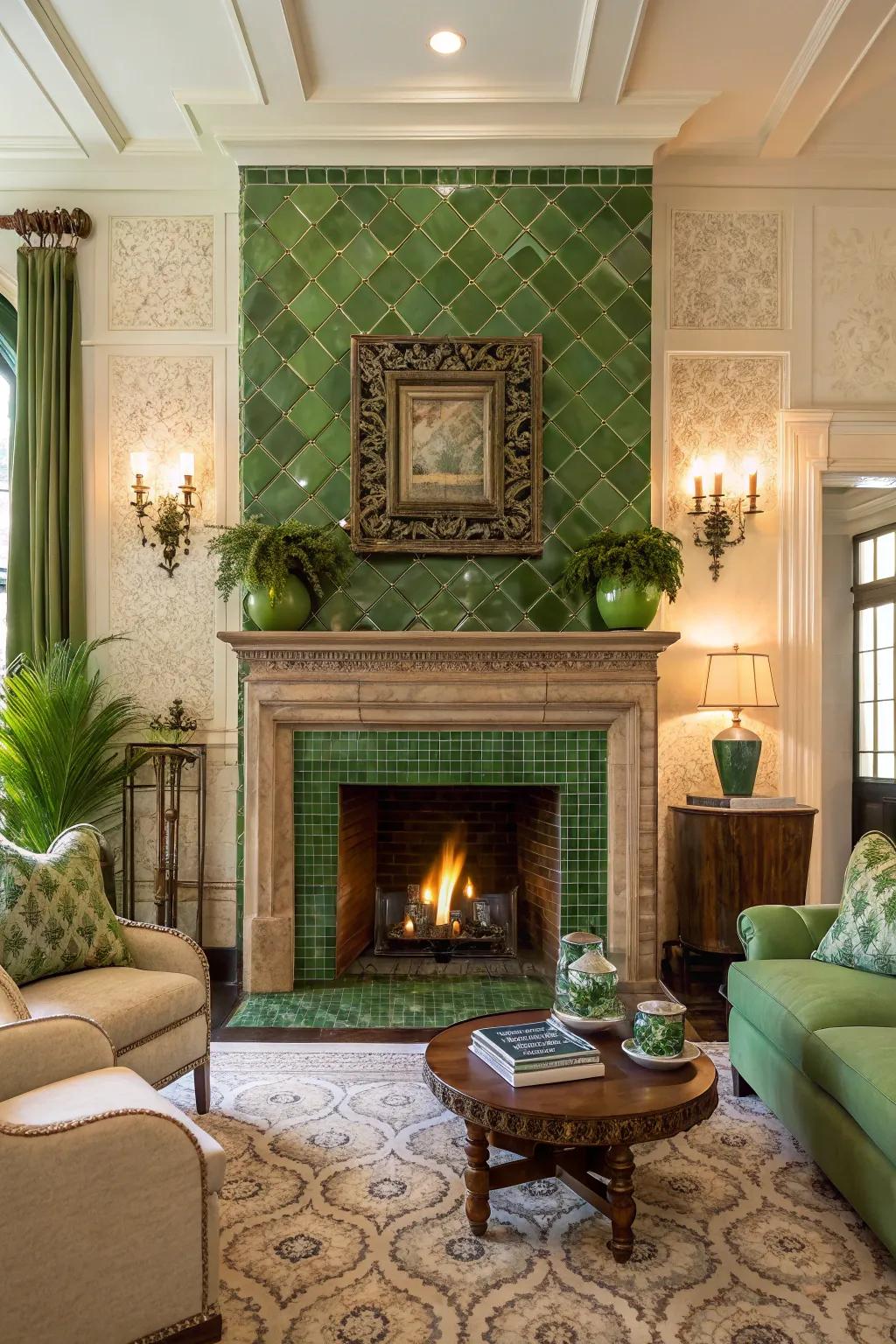 A fireplace beautifully enhanced by green tile accents.