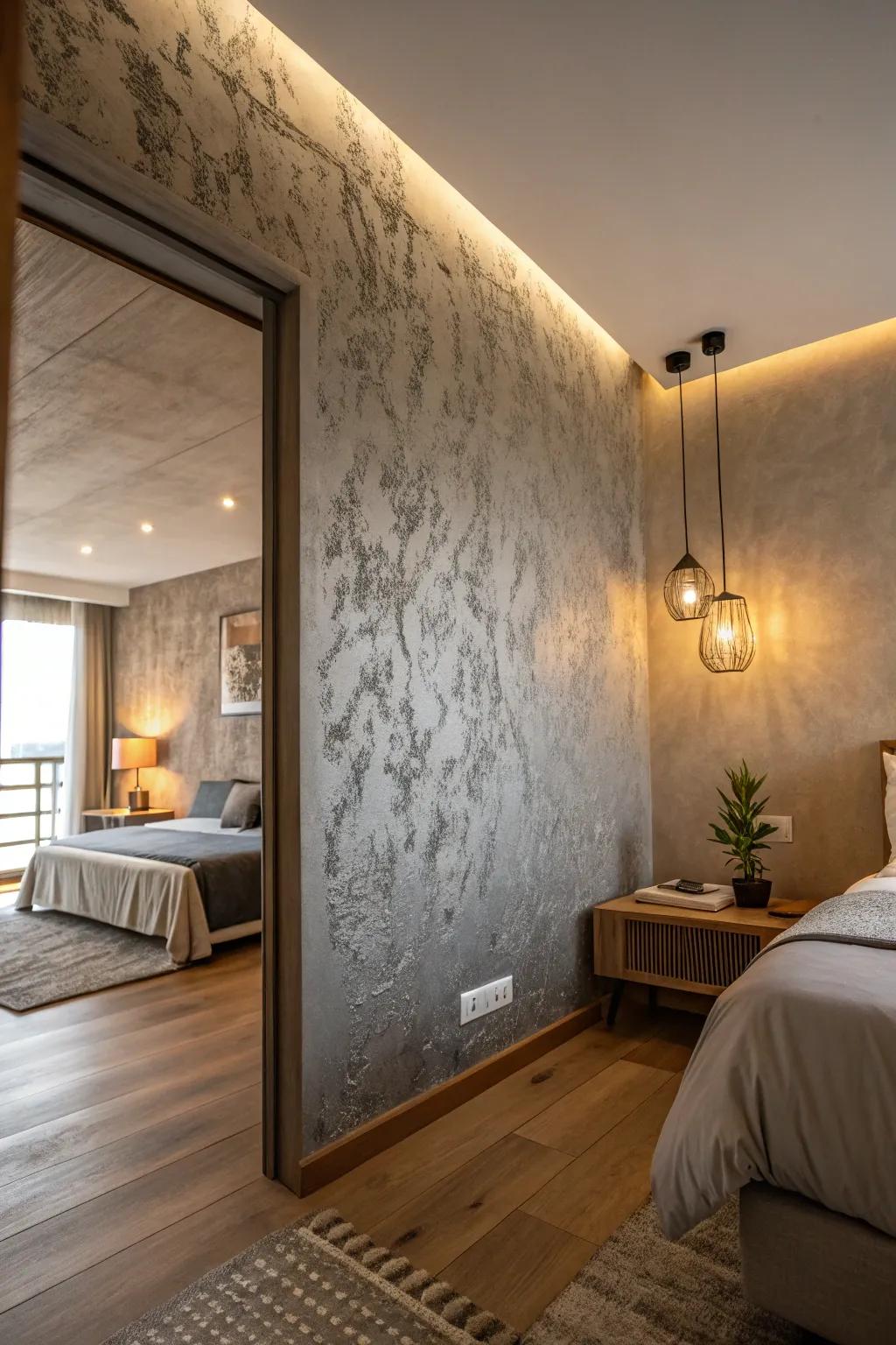 A textured grey accent wall adds depth to this minimalist bedroom.