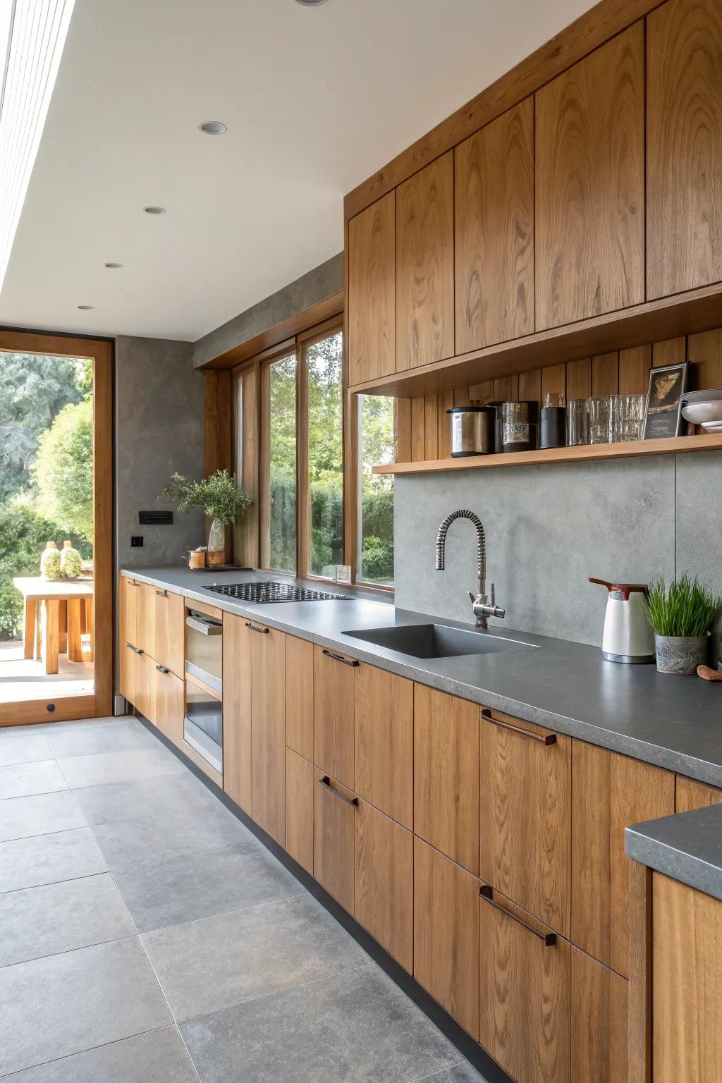 A kitchen with textured grey countertops and warm accents.