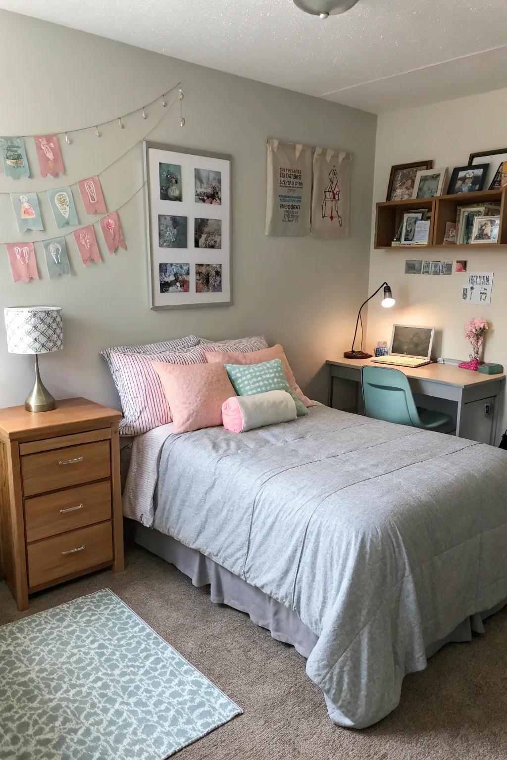 Delicate pastel accents enhance the grey palette.